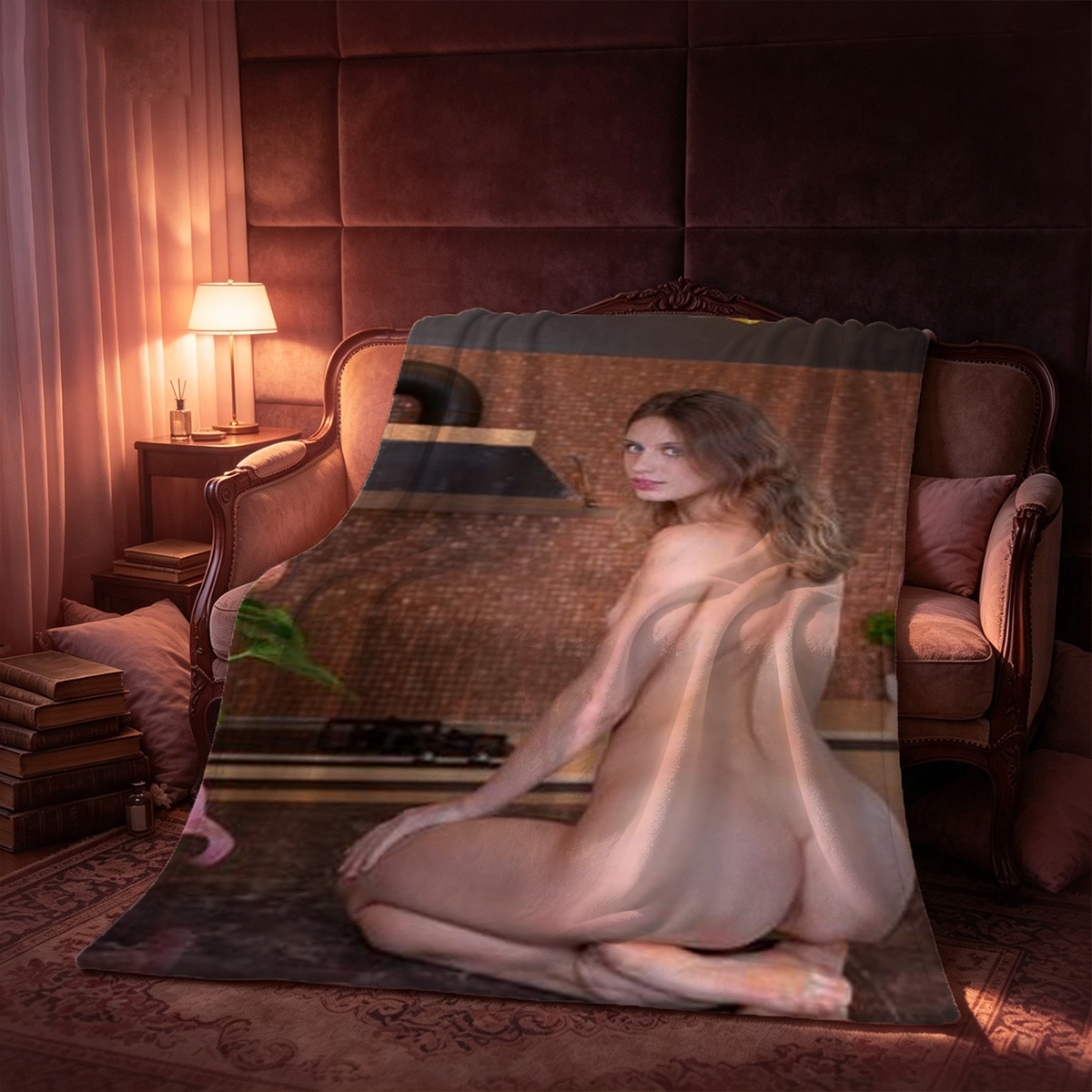 Ava in white lace lingerie sitting on a wicker chair. - Blanket