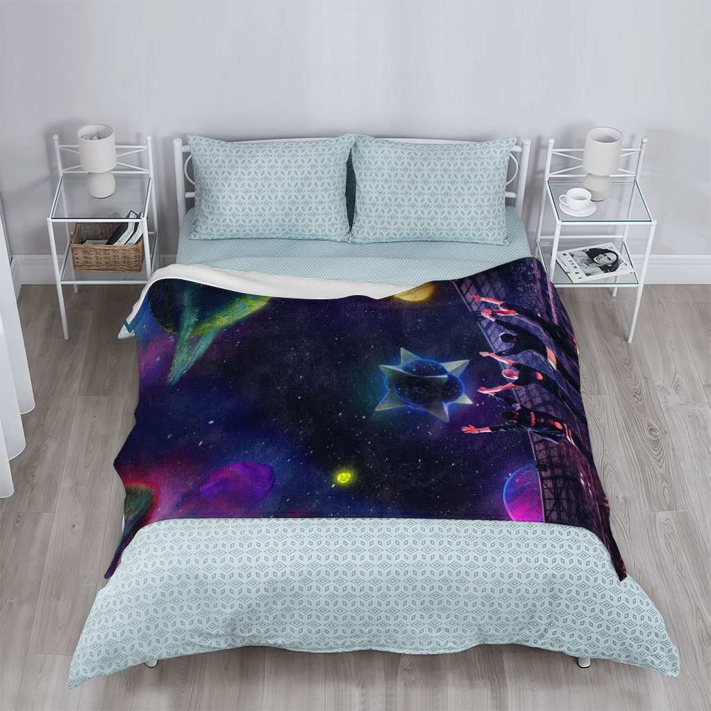 Coldplay Live Performance in a Cosmic Stadium with Vibrant Planets and Starry Sky Background - Blankets