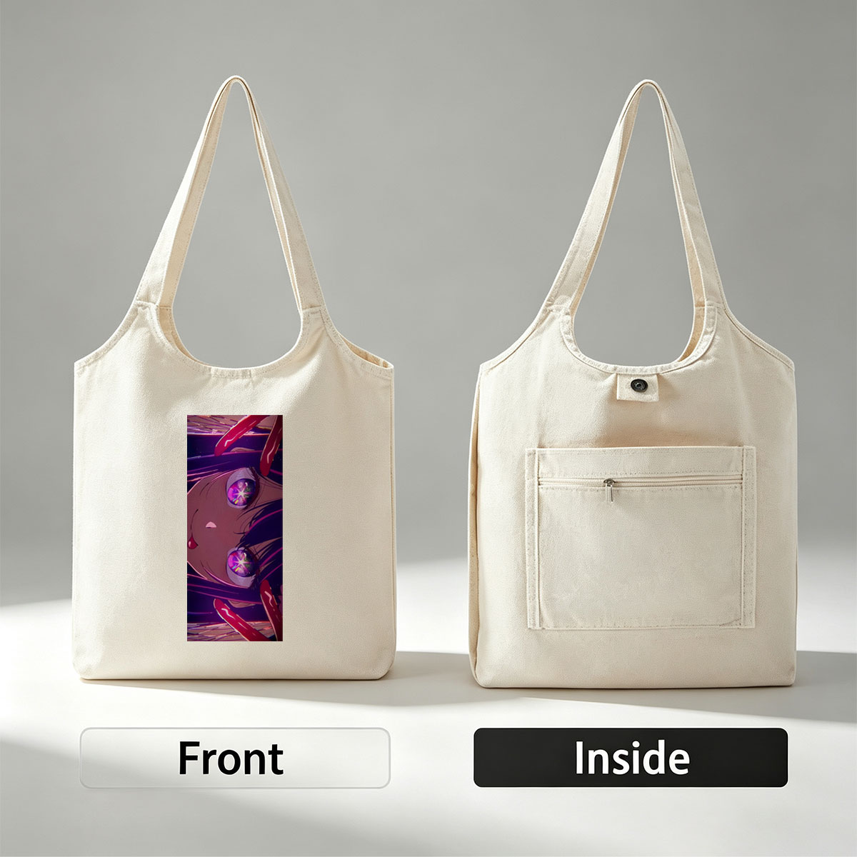 Anime Character with Glowing Purple Eyes and Dramatic Expression in a Cosmic Background - Canvas shoulder bags/
