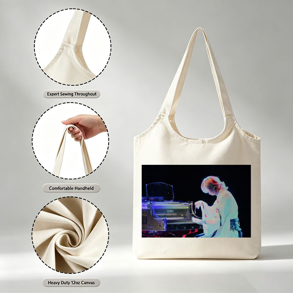 Yuki Kajiura Performing Piano on Stage with Dramatic Lighting - Canvas shoulder bags/