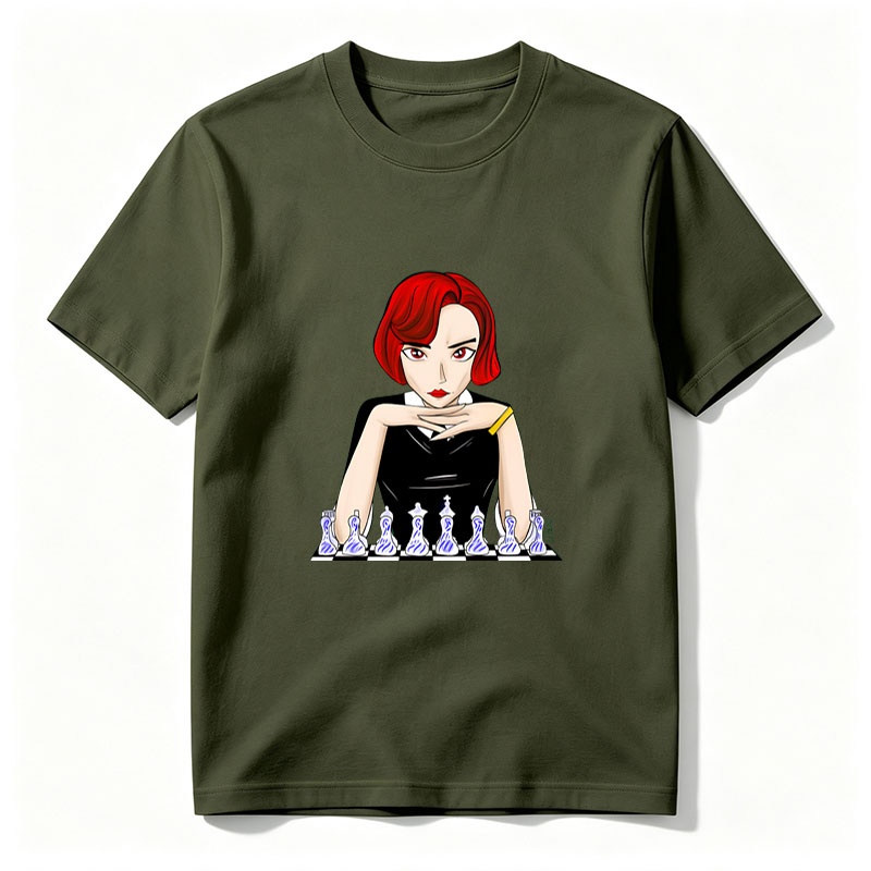 Red-Haired Woman in Black Dress Playing Chess - Tee