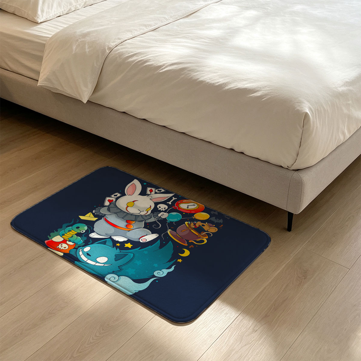 Alice in Wonderland Characters: White Rabbit, Cheshire Cat, Mad Hatter, and Caterpillar in Whimsical Scene - Flannel floor mat