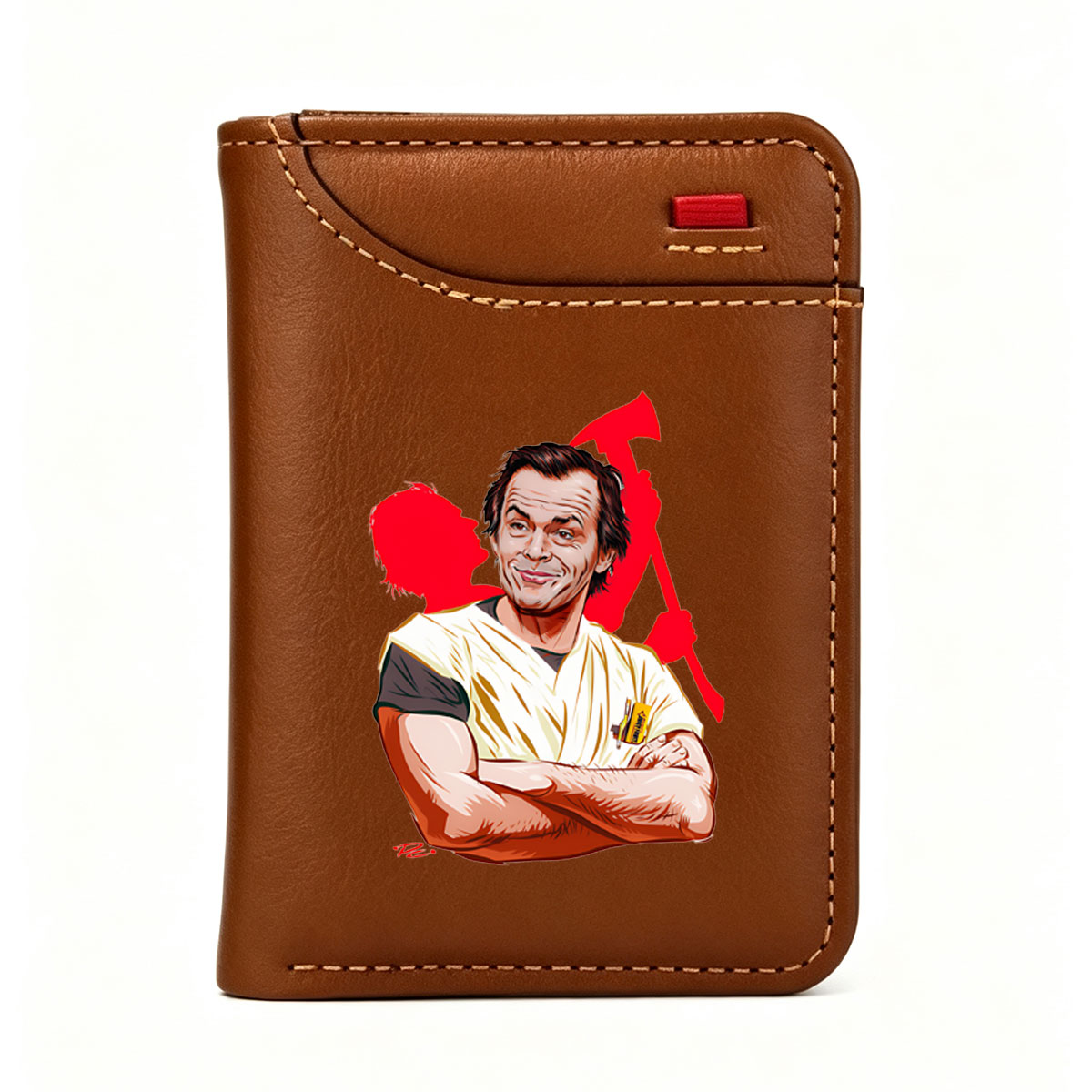 Jack Nicholson as the Joker, iconic villain from Batman, depicted in a stylized caricature with a menacing grin and chaotic red background. - Vertical Style Wallet