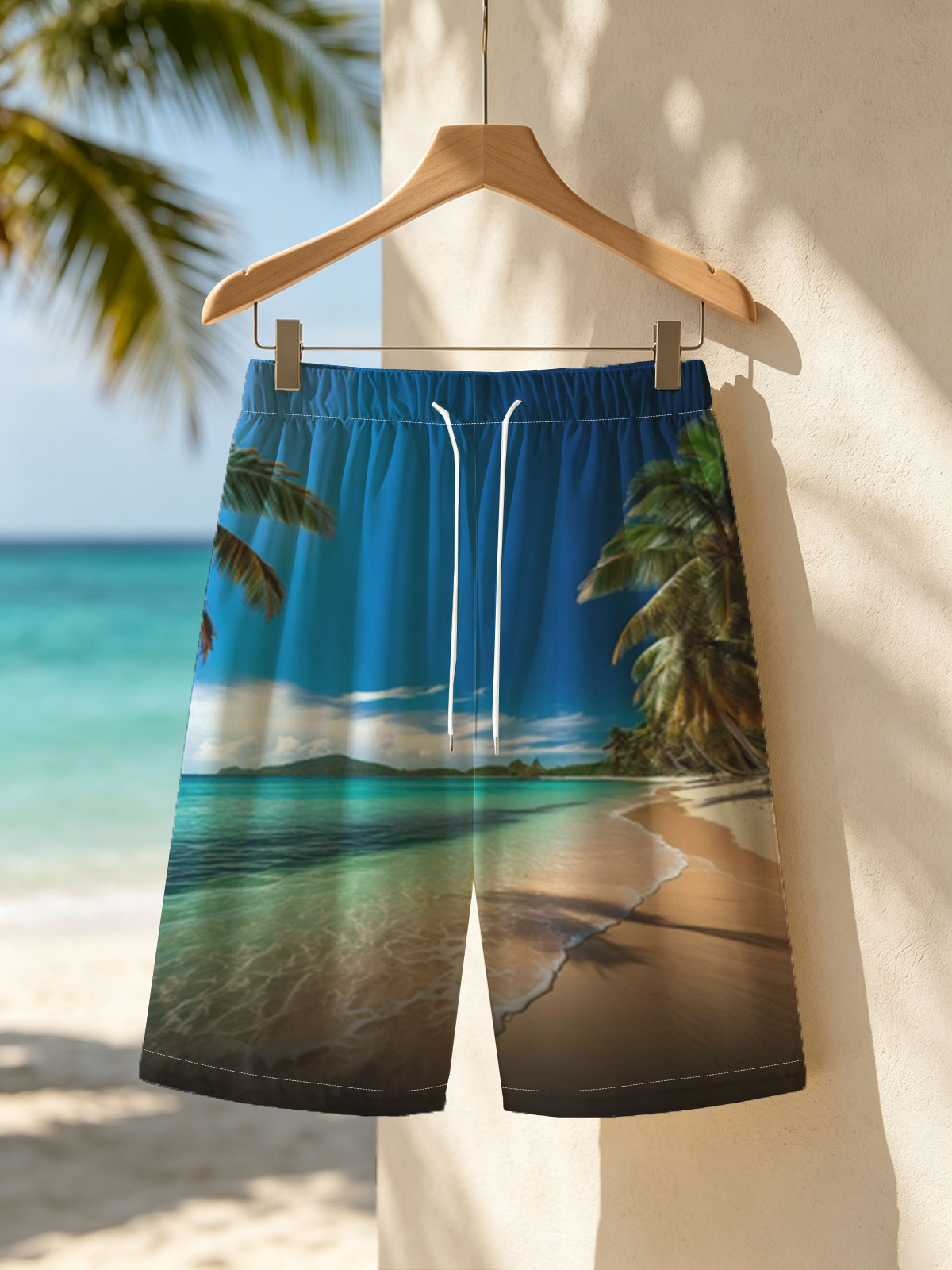 Tropical Beach with Palm Trees and Crystal Clear Water -  Beach shorts