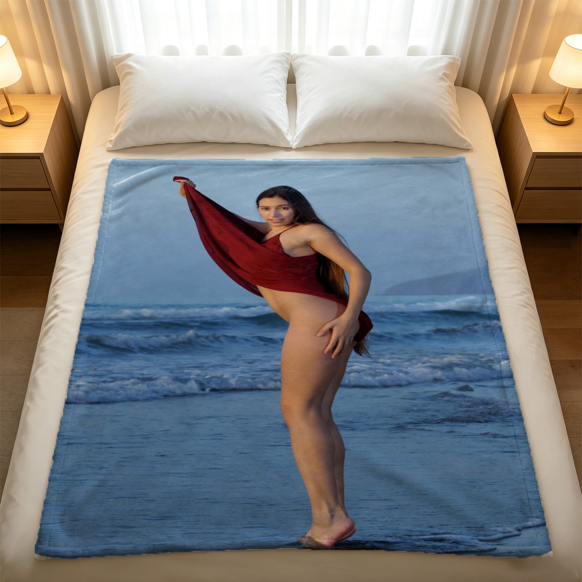 A seductive Asian beauty in black lace lingerie and sheer stockings poses on a bed. - Blanket
