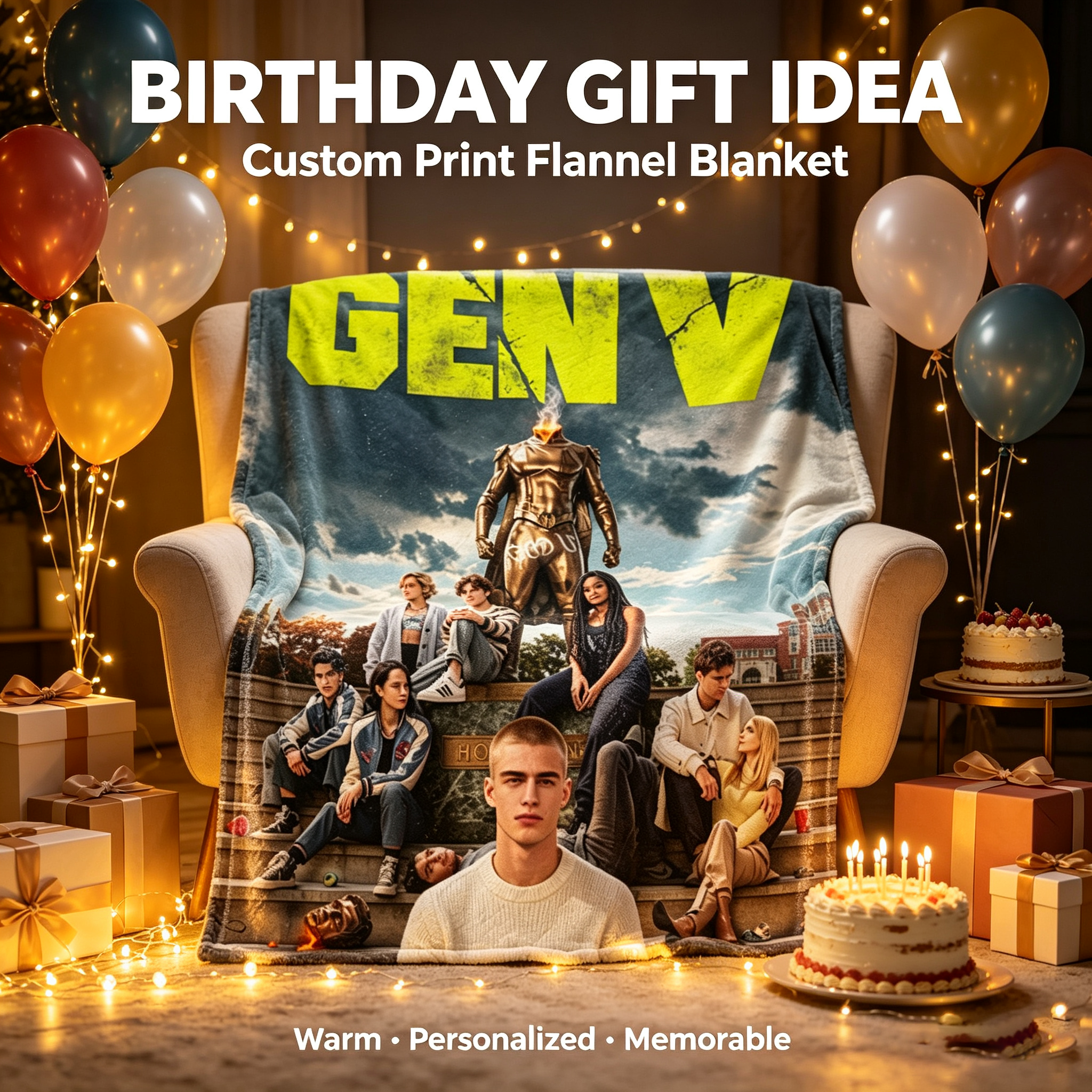Custom Face Blanket Gen V Character Flannel Blanket Perfect for Fans of the Series Ideal Gift for Birthday or Holiday Giveaways