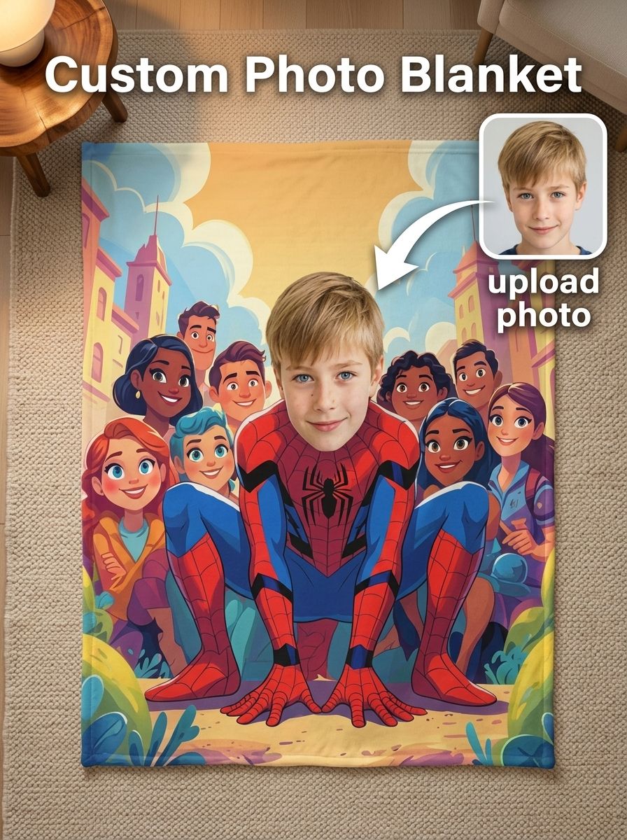 Custom Photo Superhero Flannel Fleece Blanket Personalized Face Portrait Throw for Kids Bed Couch Travel Gift