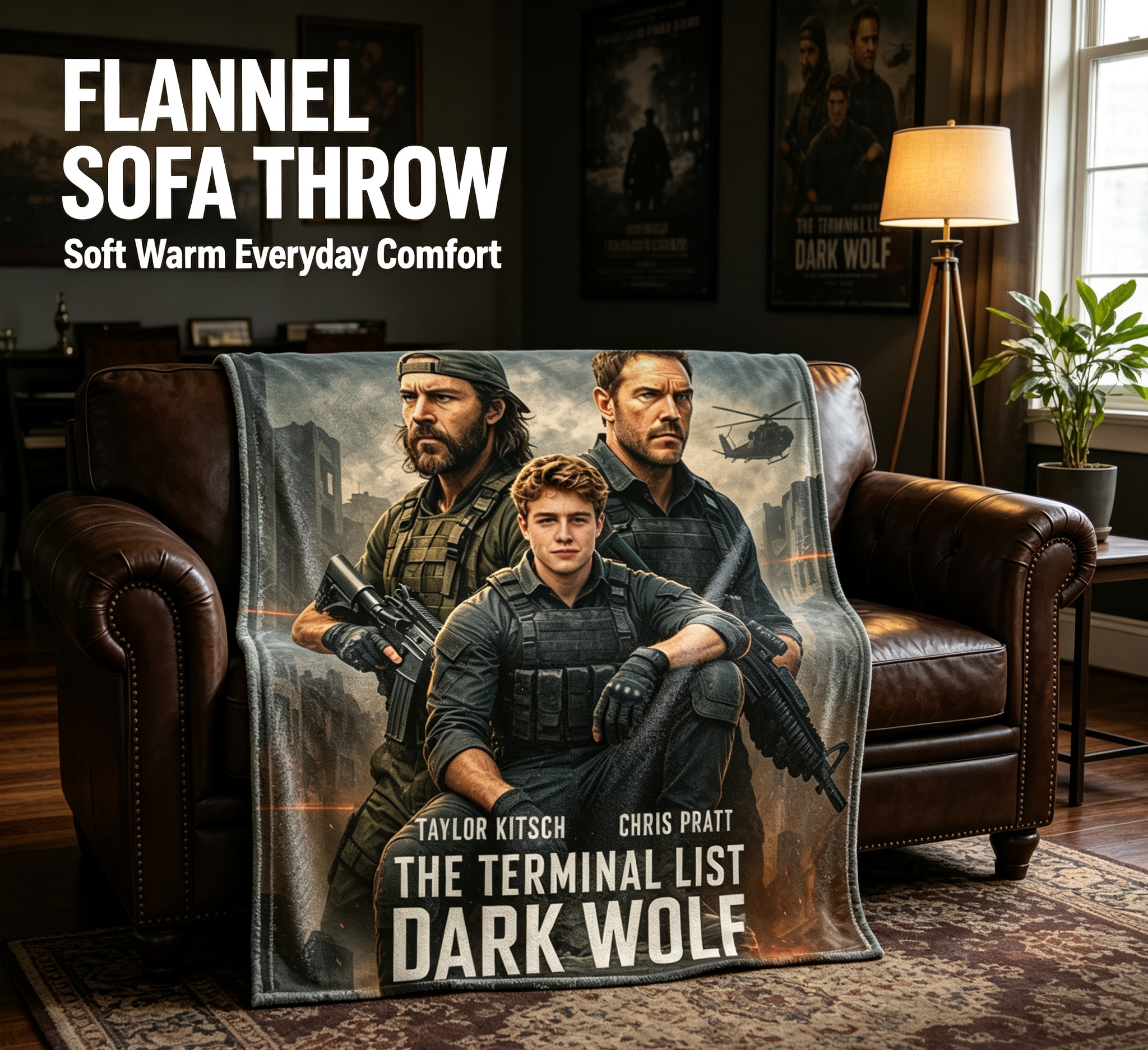 Custom Face Blanket The Terminal List Dark Wolf Flannel Blanket Military Action Movie Theme Cozy Bedding Gift for Fans of Taylor Kitsch Chris Pratt and War Thrillers