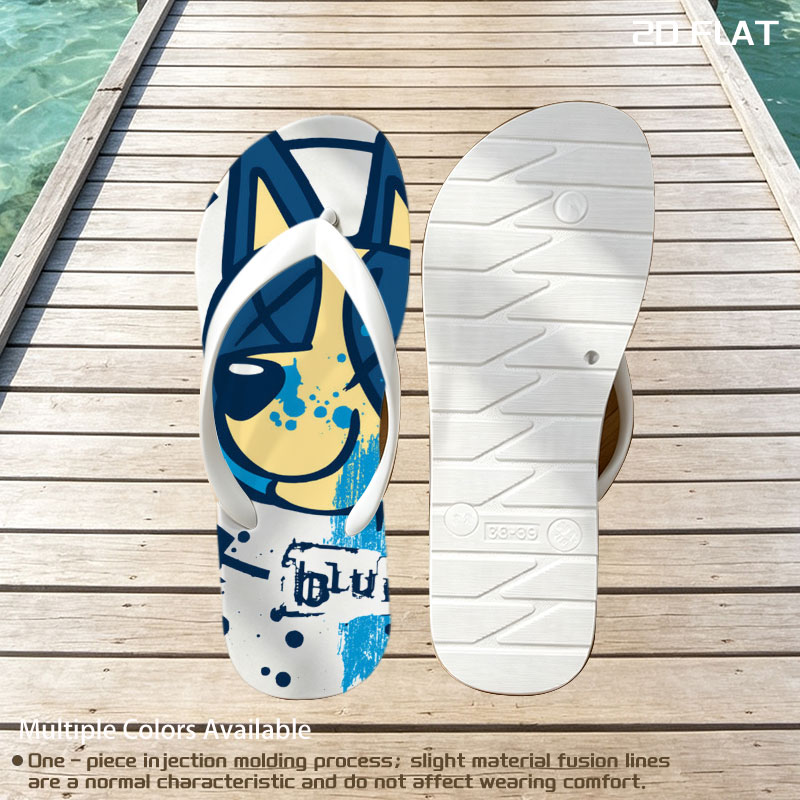 Bluey-182: A stylized blue and yellow cat face with X eyes, arrows, and splatter effects on a textured blue background. -  flip-flops