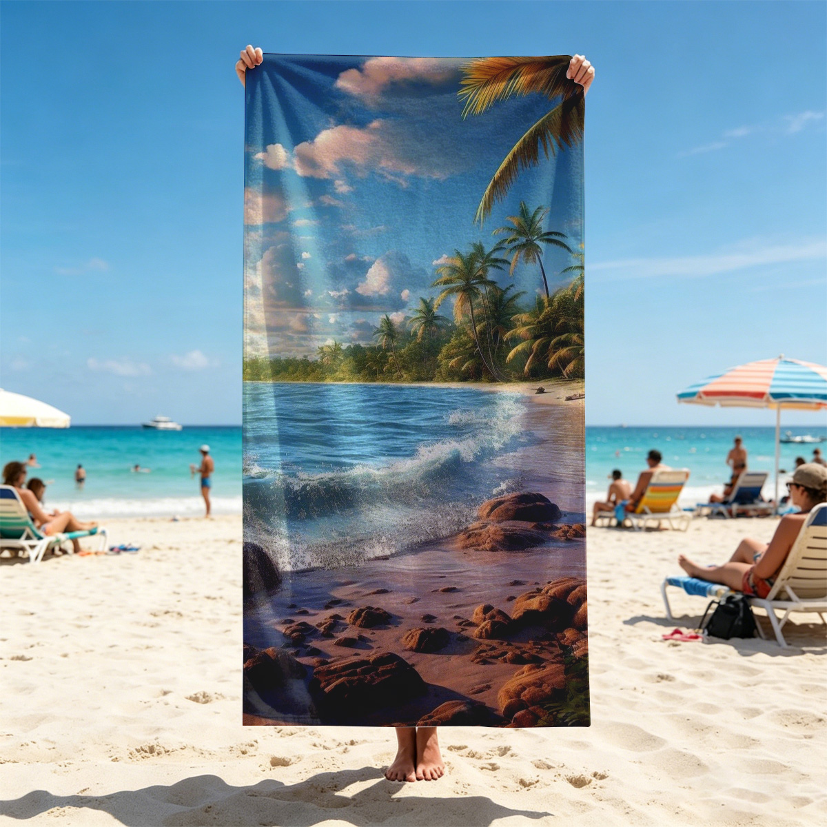 Tropical Beach at Sunset with Palm Trees and Gentle Waves - Beach towels