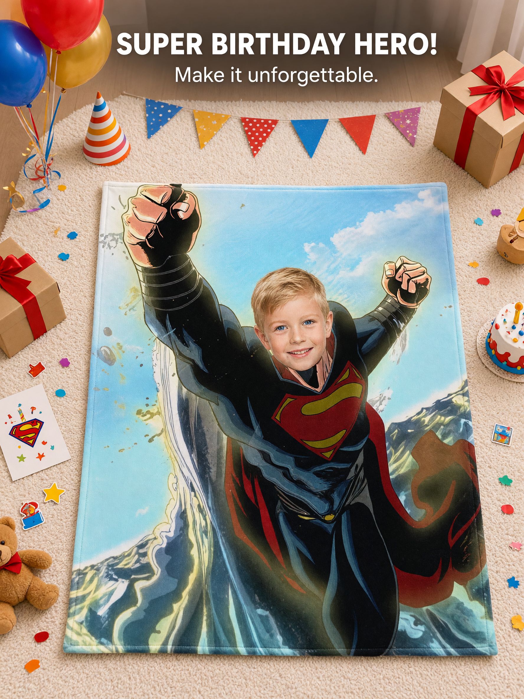 Custom Photo Superhero Flannel Fleece Throw Blanket, Personalized Ultra Soft Comic Hero Bedding for Kids and Adults