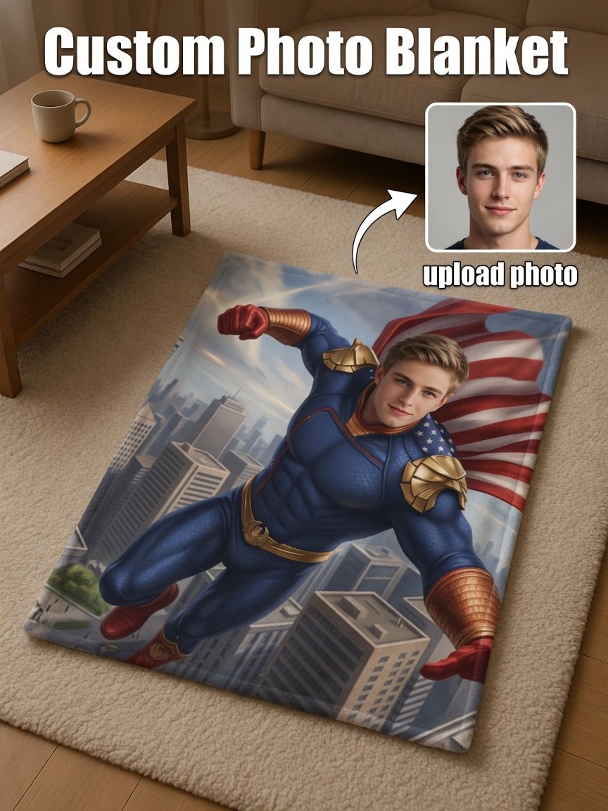 Custom Superhero Face Blanket Personalized Photo Upload Flannel Throw Cozy Warm Plush Fleece Ideal Keepsake Gift