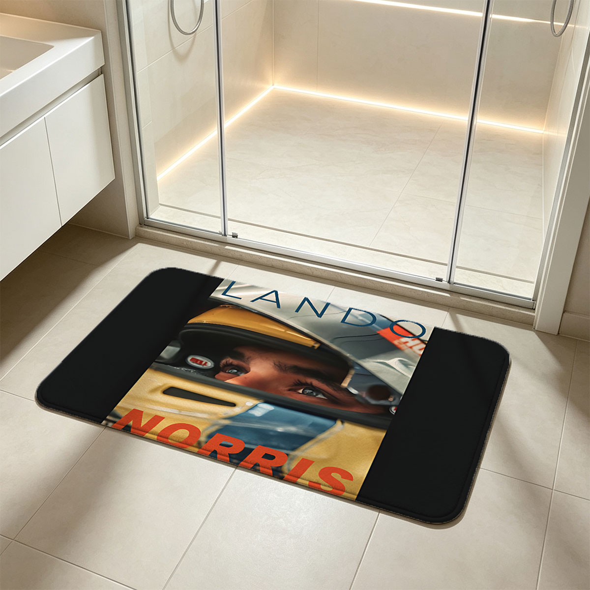 Lando Norris in Racing Helmet, Formula 1 Driver, McLaren Team - Flannel floor mat