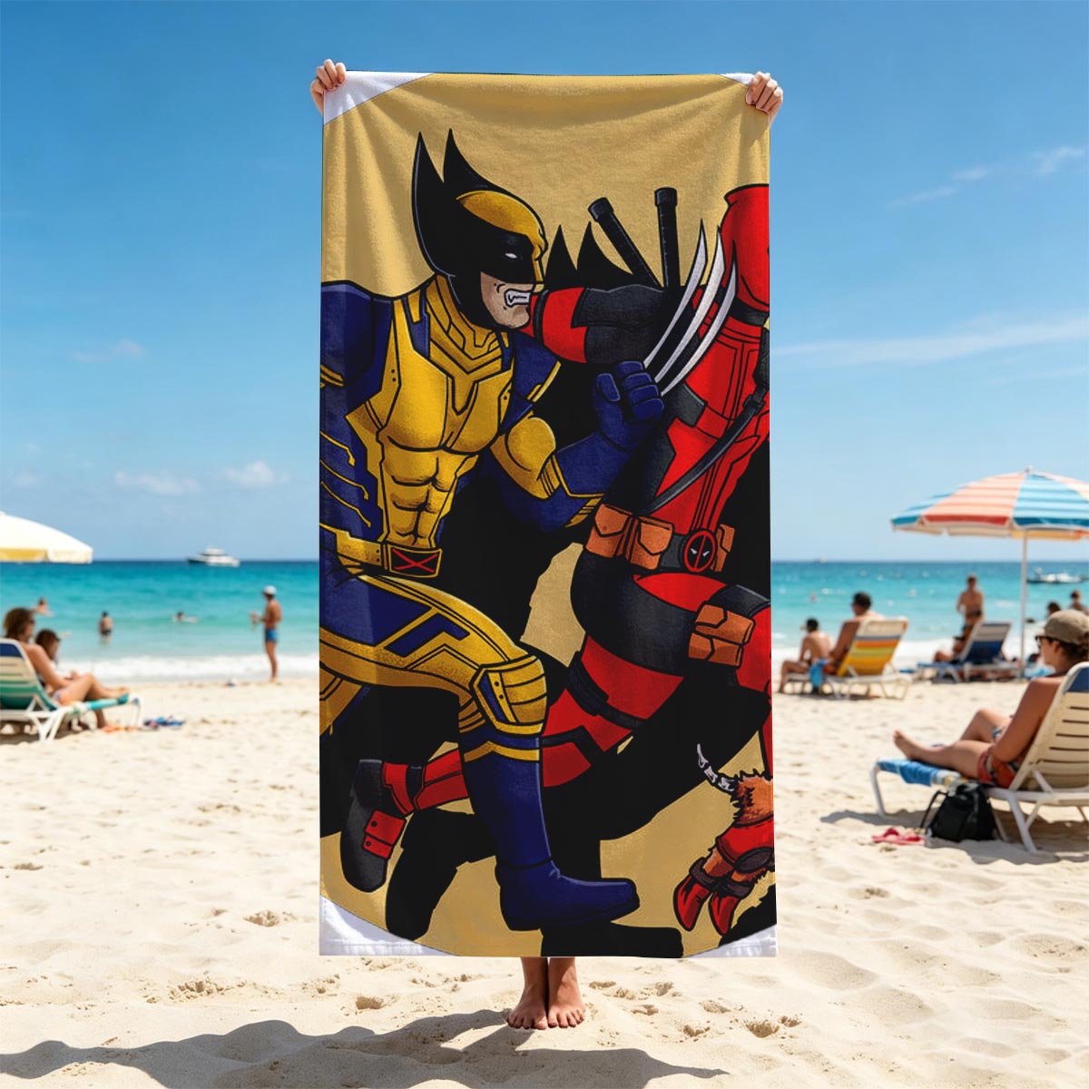 Wolverine and Deadpool in Action with Dogpool - Beach towels