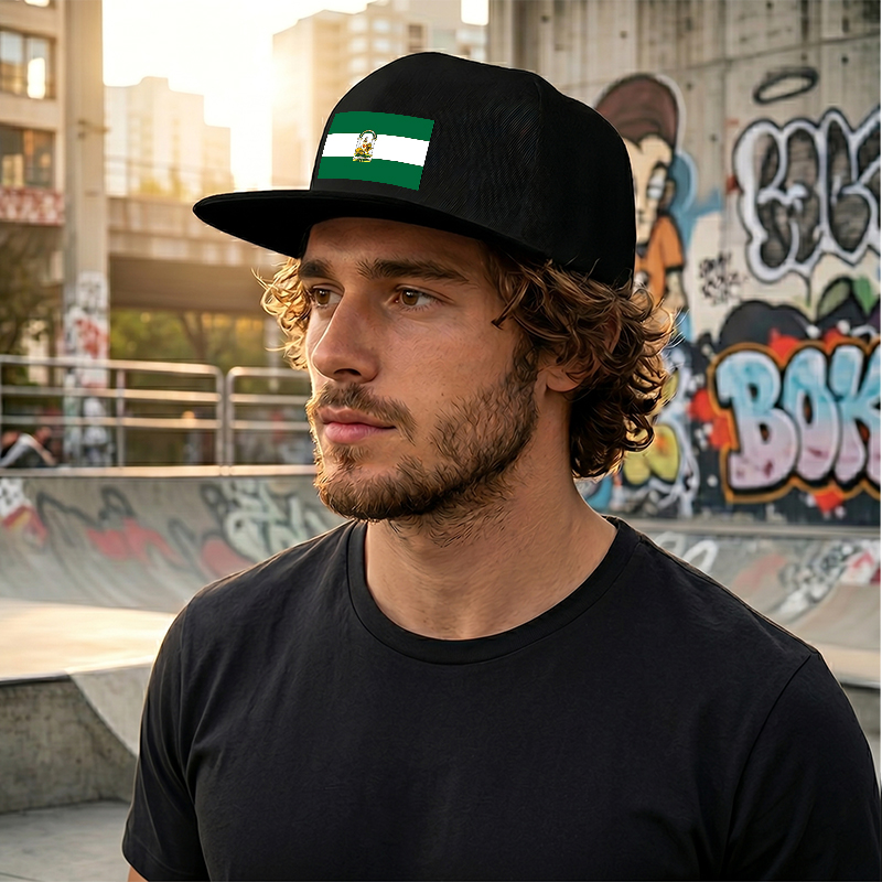 Flat Brim Baseball Cap Andalusia Emblem Design Streetwear Underground Skate Style Basketball Court Urban Skate Park Fit for Skaters Rappers Streetwear Enthusiasts