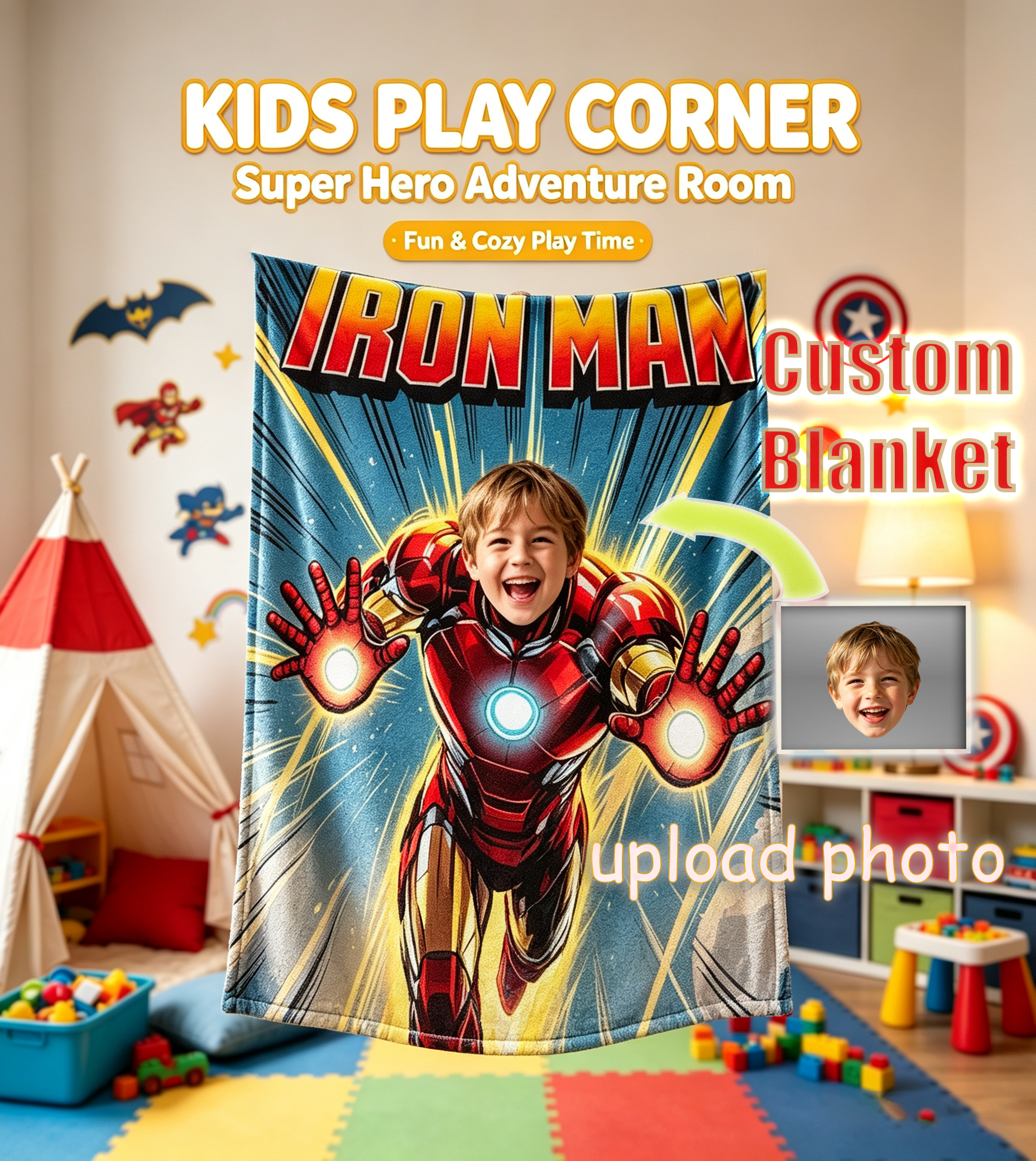 Personalized Iron Man Photo Blanket Custom Upload Face Flannel Throw Blanket Gift for Superhero Fan Boys