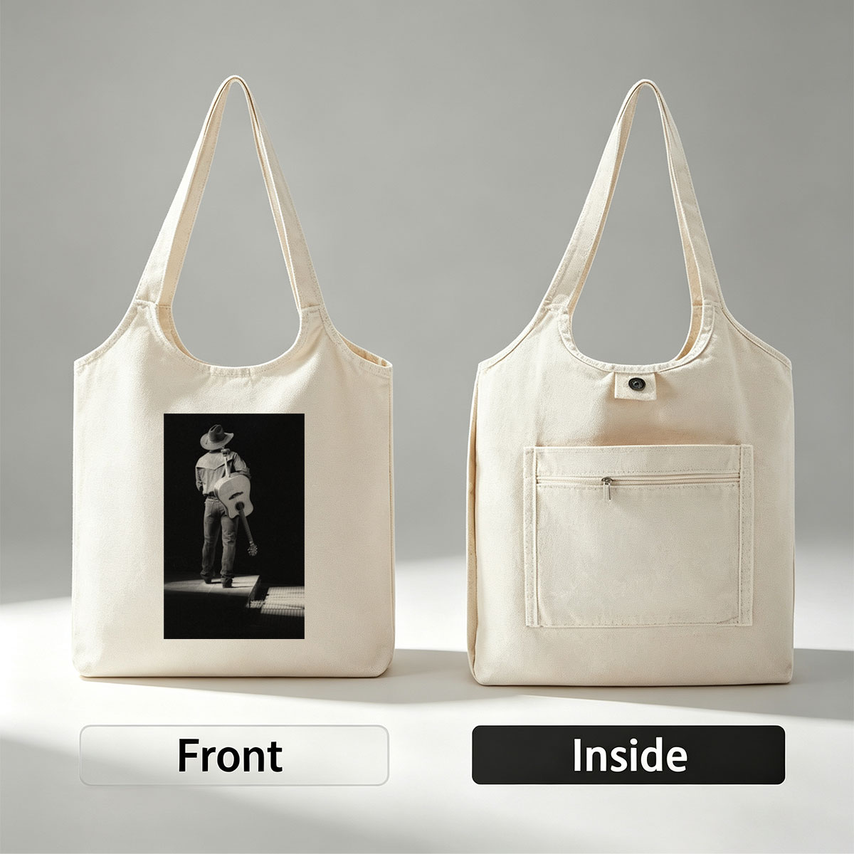 Willie Nelson on Stage with Acoustic Guitar in Black and White Portrait - Canvas shoulder bags/