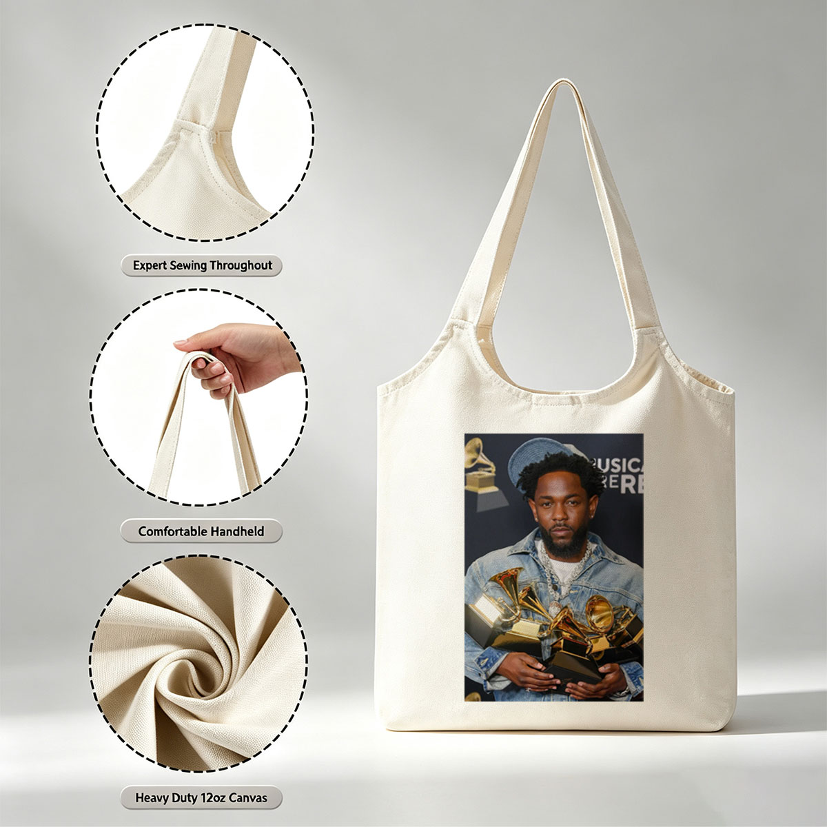 Kendrick Lamar at the Grammy Awards Holding Multiple Trophies - Canvas shoulder bags/