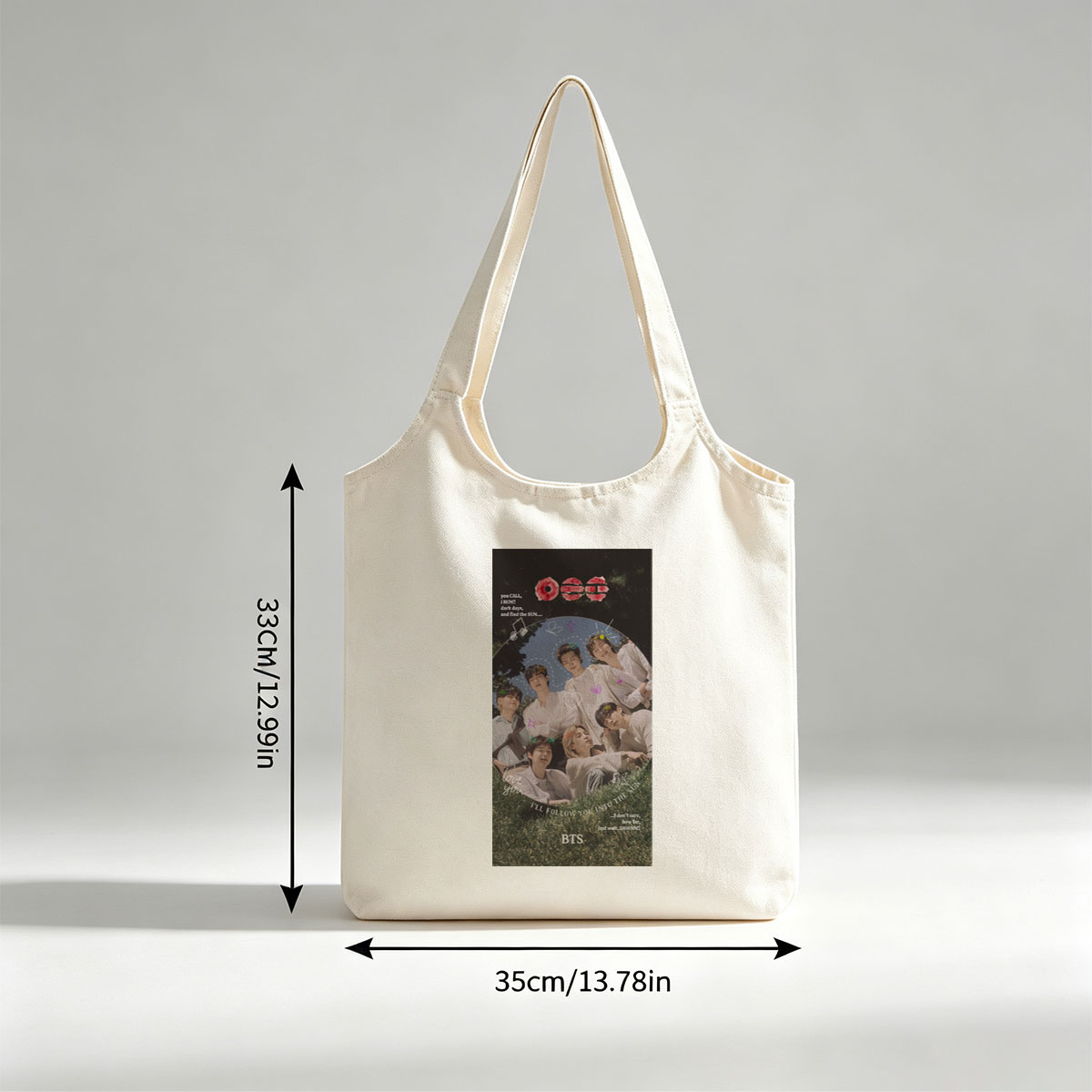 BTS Group Photo on Grass with Dreamy Sky Background and Inspirational Quotes - Canvas shoulder bags/