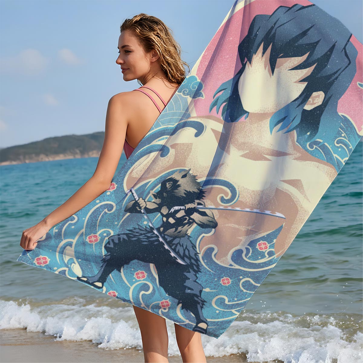 Inosuke Hashibira from Demon Slayer: Kimetsu no Yaiba, depicted in a dynamic pose with his twin swords, set against a stylized wave and sun background. - Beach towels