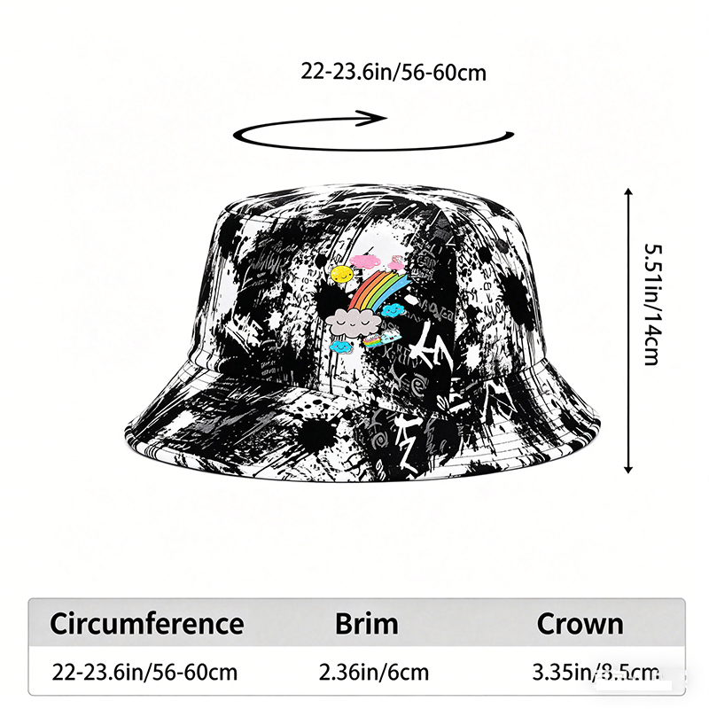 Unisex Classic Graffiti Bucket Hat with Rainbow Clouds and Sparkle Sun Print | Cute Cartoon Design for Outdoor Activities, Travel, and Daily Wear | Perfect for Teens, Young Adults, and Fashion Lovers