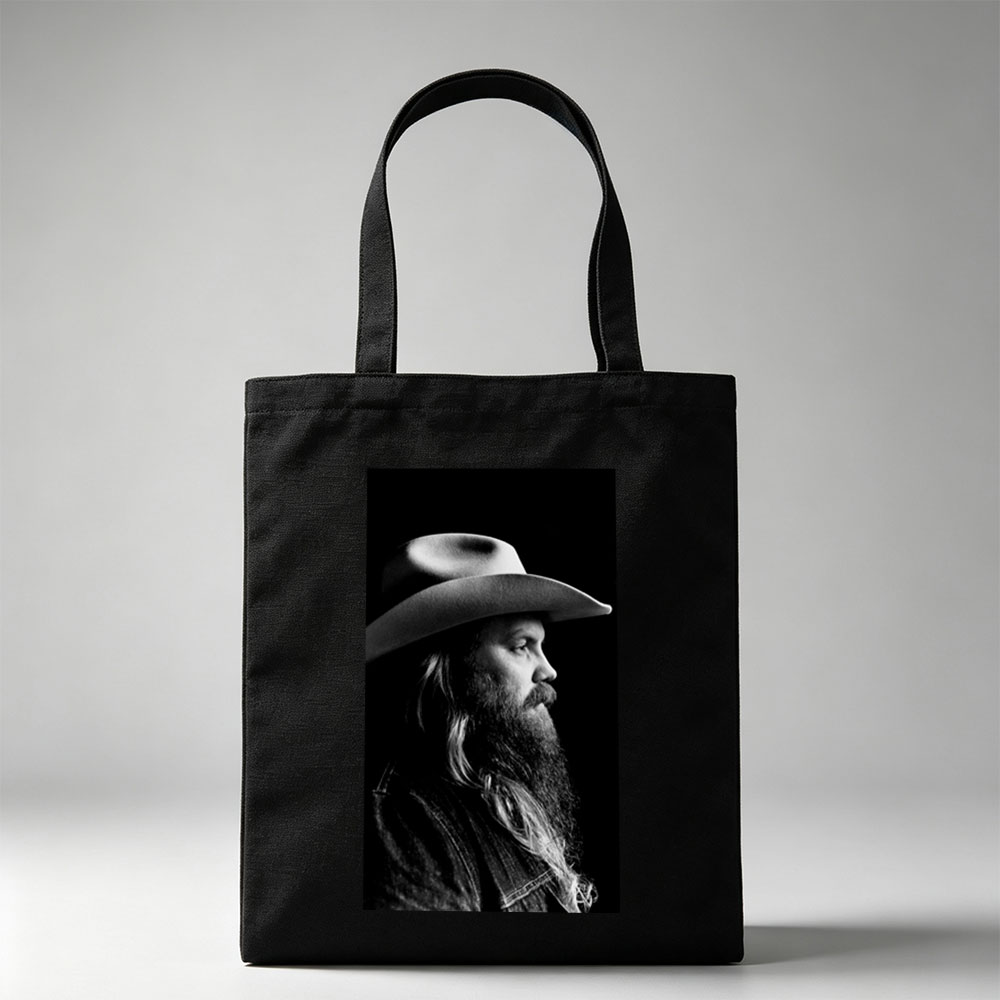 Chris Stapleton in Profile with Cowboy Hat and Long Beard in Black and White Portrait - Canvas tote bags