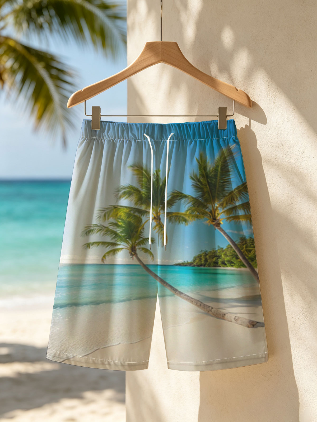 Tropical Beach with Palm Trees and Crystal Clear Water -  Beach shorts