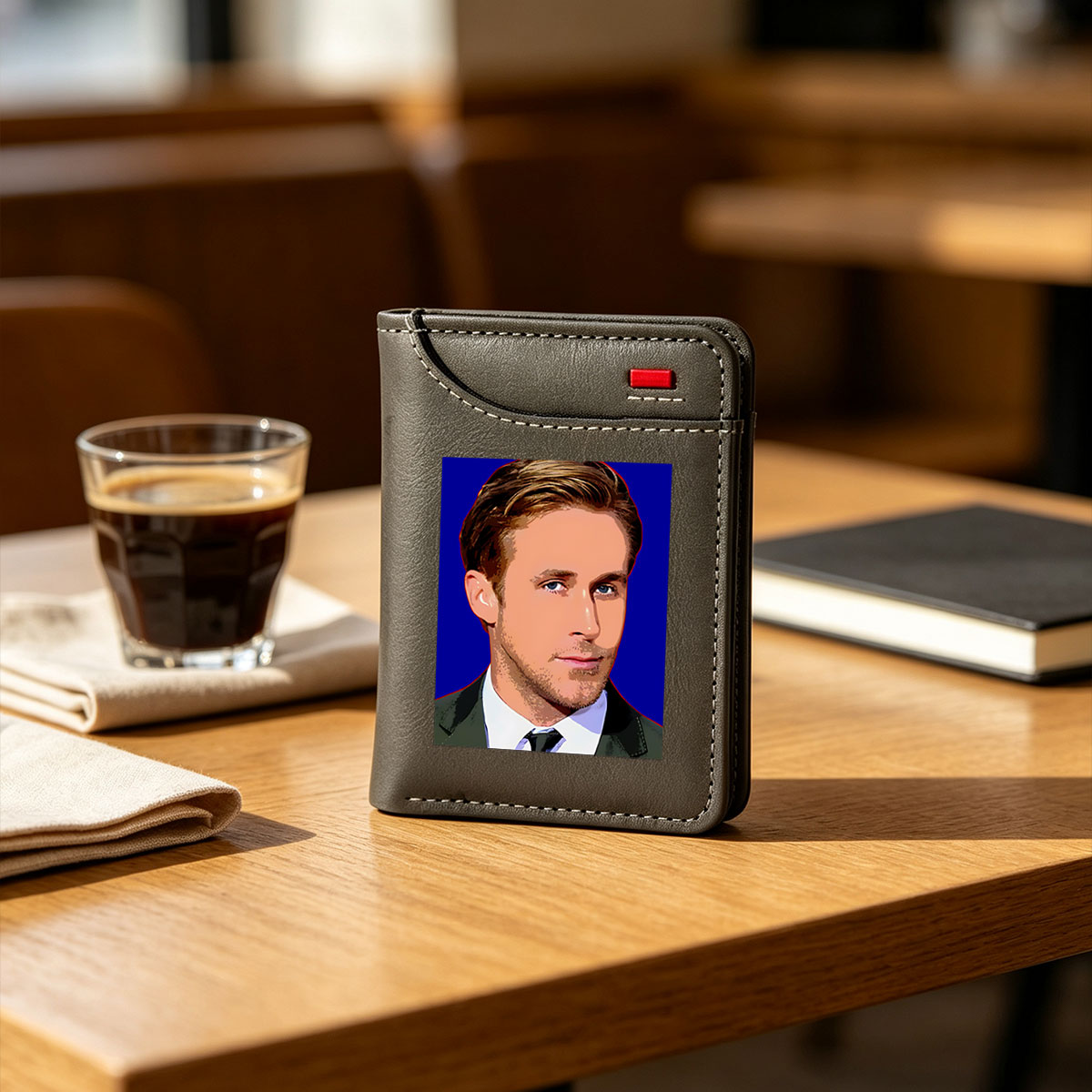 Ryan Gosling in a formal suit against a blue background - Vertical Style Wallet