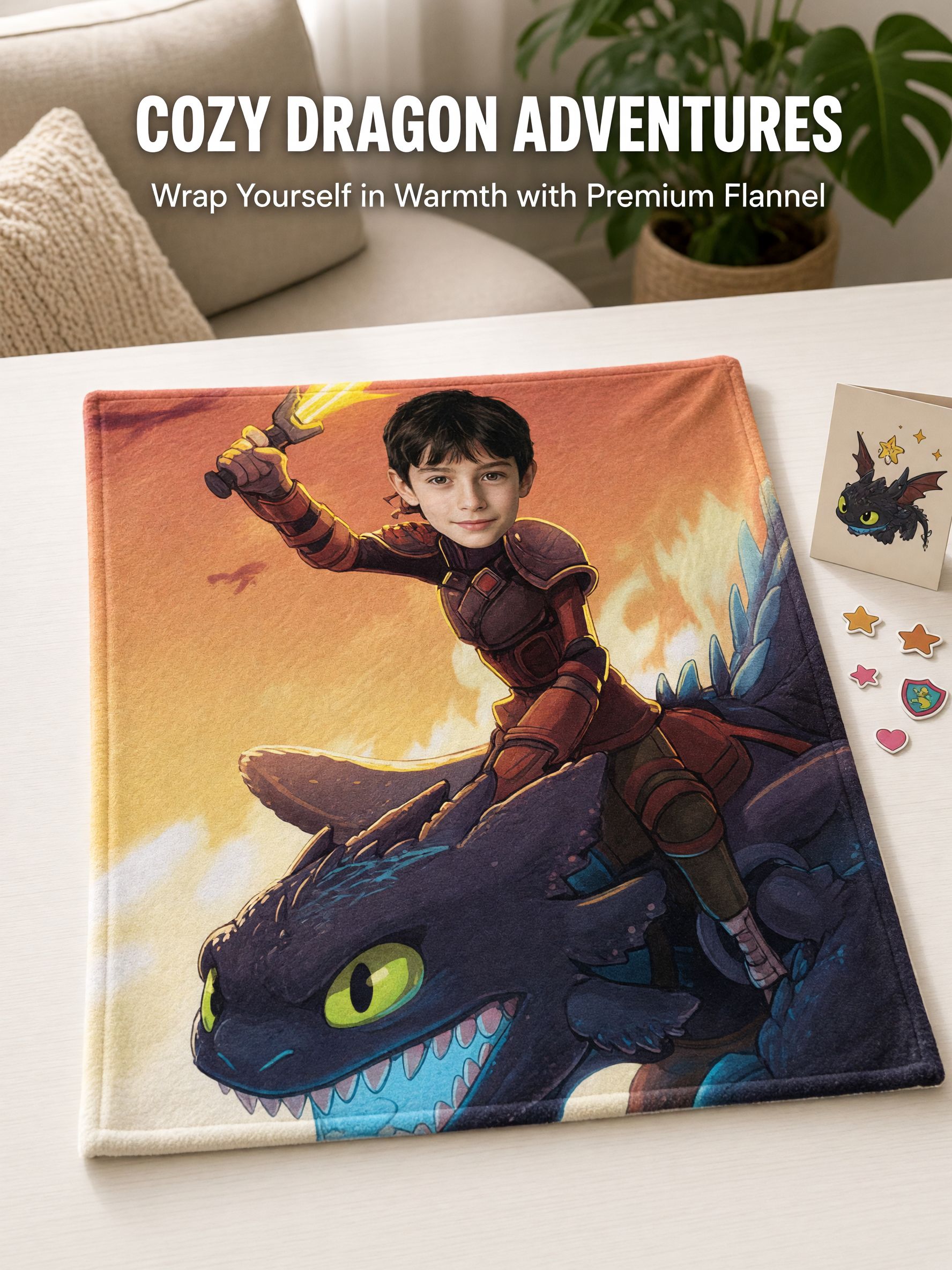 Custom Photo Dragon Rider Flannel Blanket Personalized Face Cutout Cozy Fleece Throw for Kids Boys and Fantasy Lovers
