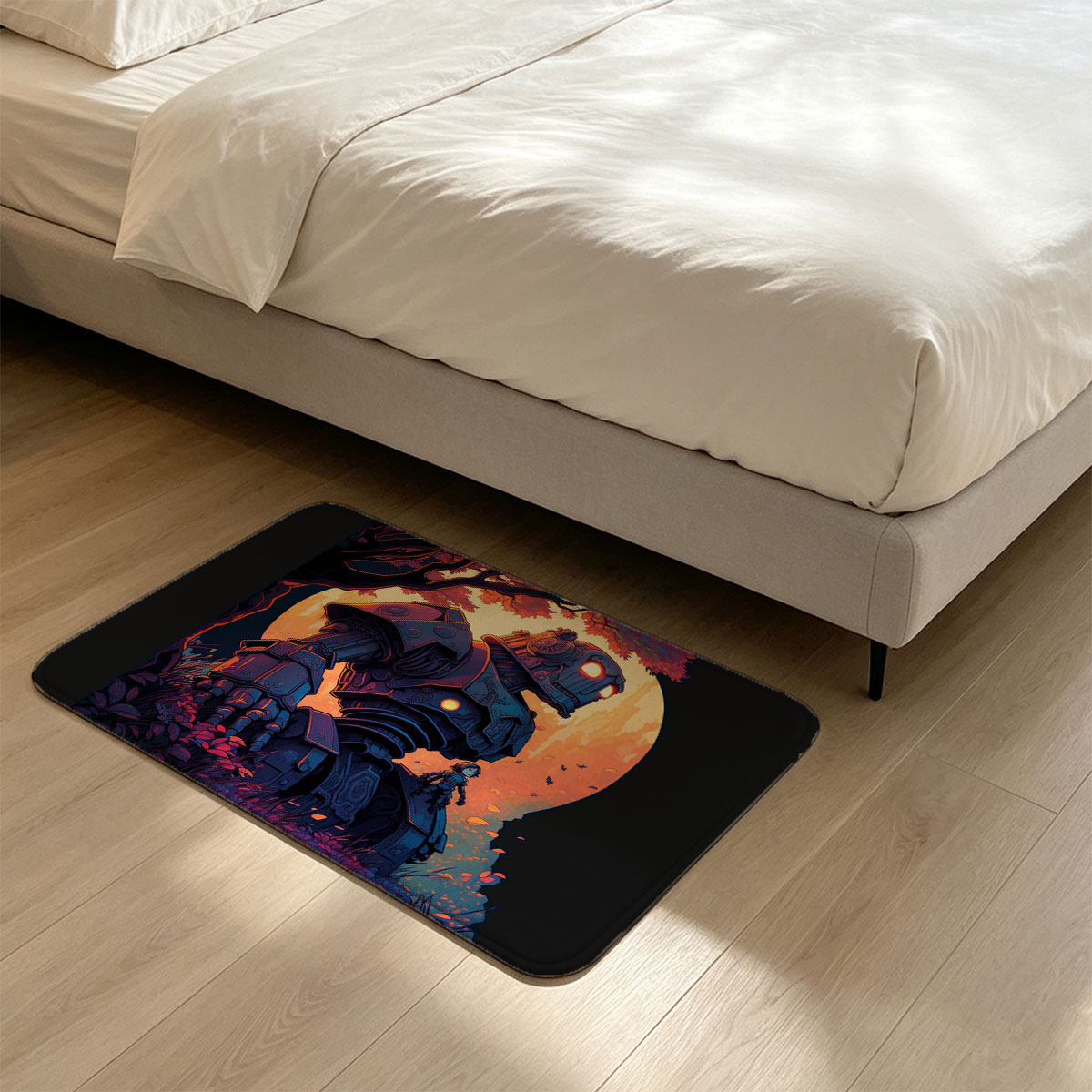 Giant Robot and Child in Autumn Forest at Sunset - Flannel floor mat