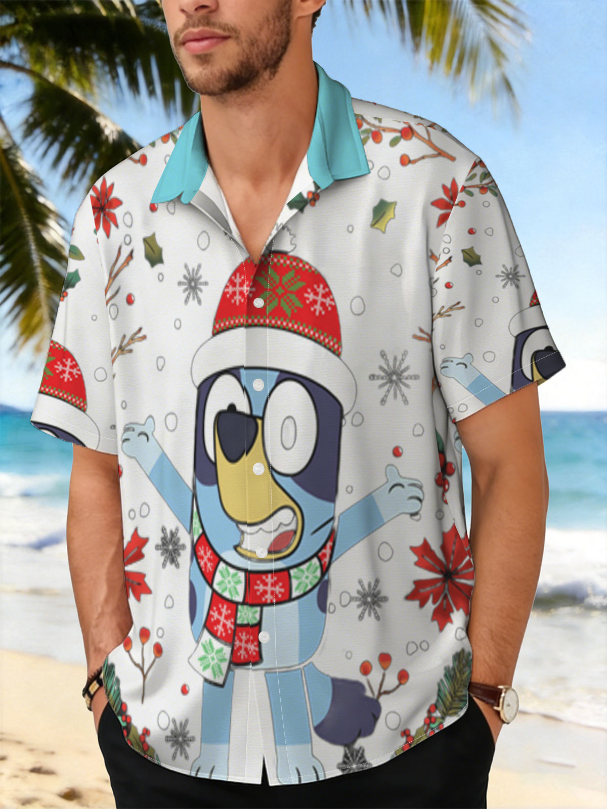 Bluey in Christmas Hat and Scarf, Festive Holiday Scene -  Shirt