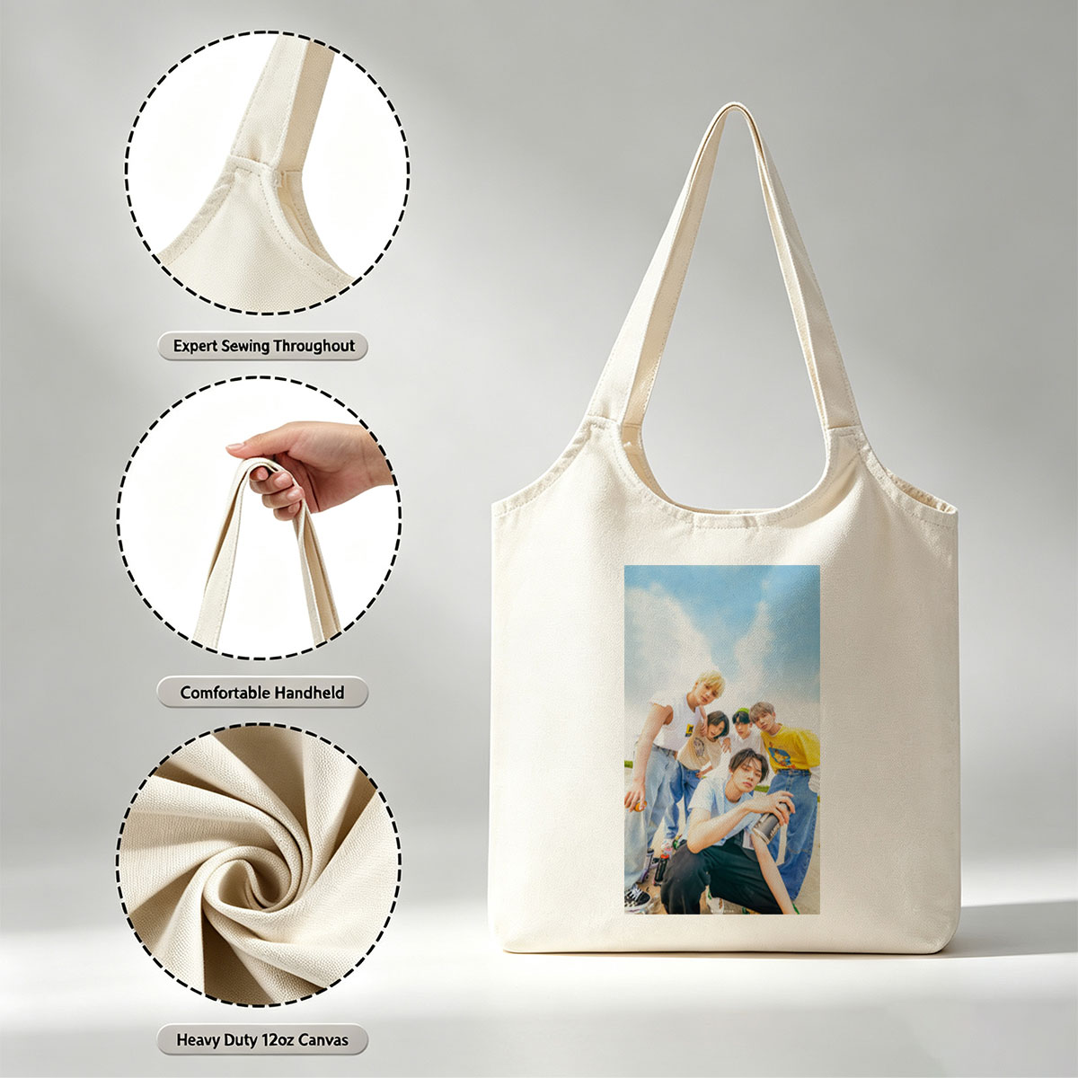 TXT Members Outdoors in Casual Wear Holding Drinks Under Blue Sky - Canvas shoulder bags/