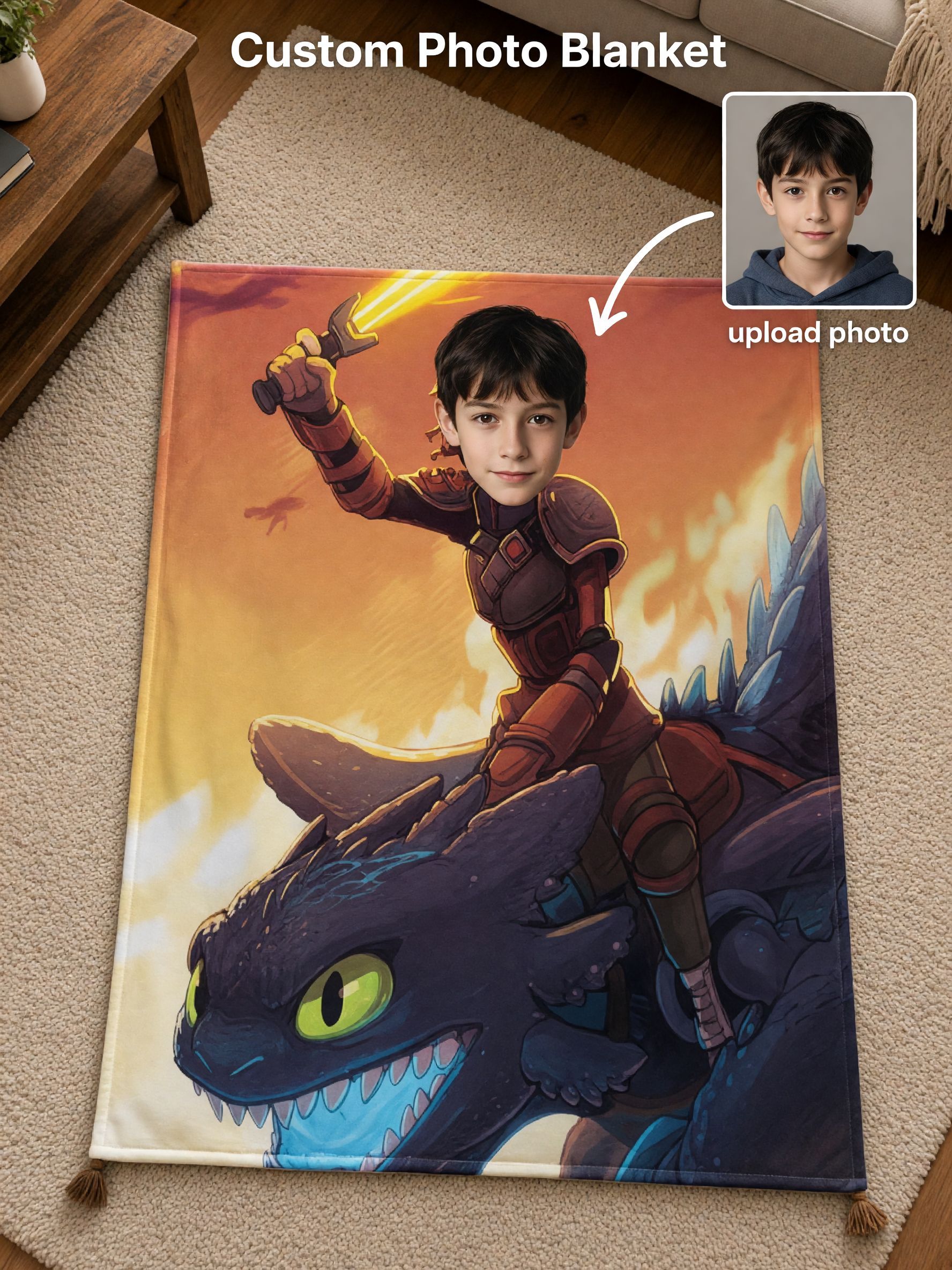 Custom Photo Dragon Rider Flannel Blanket Personalized Face Cutout Cozy Fleece Throw for Kids Boys and Fantasy Lovers