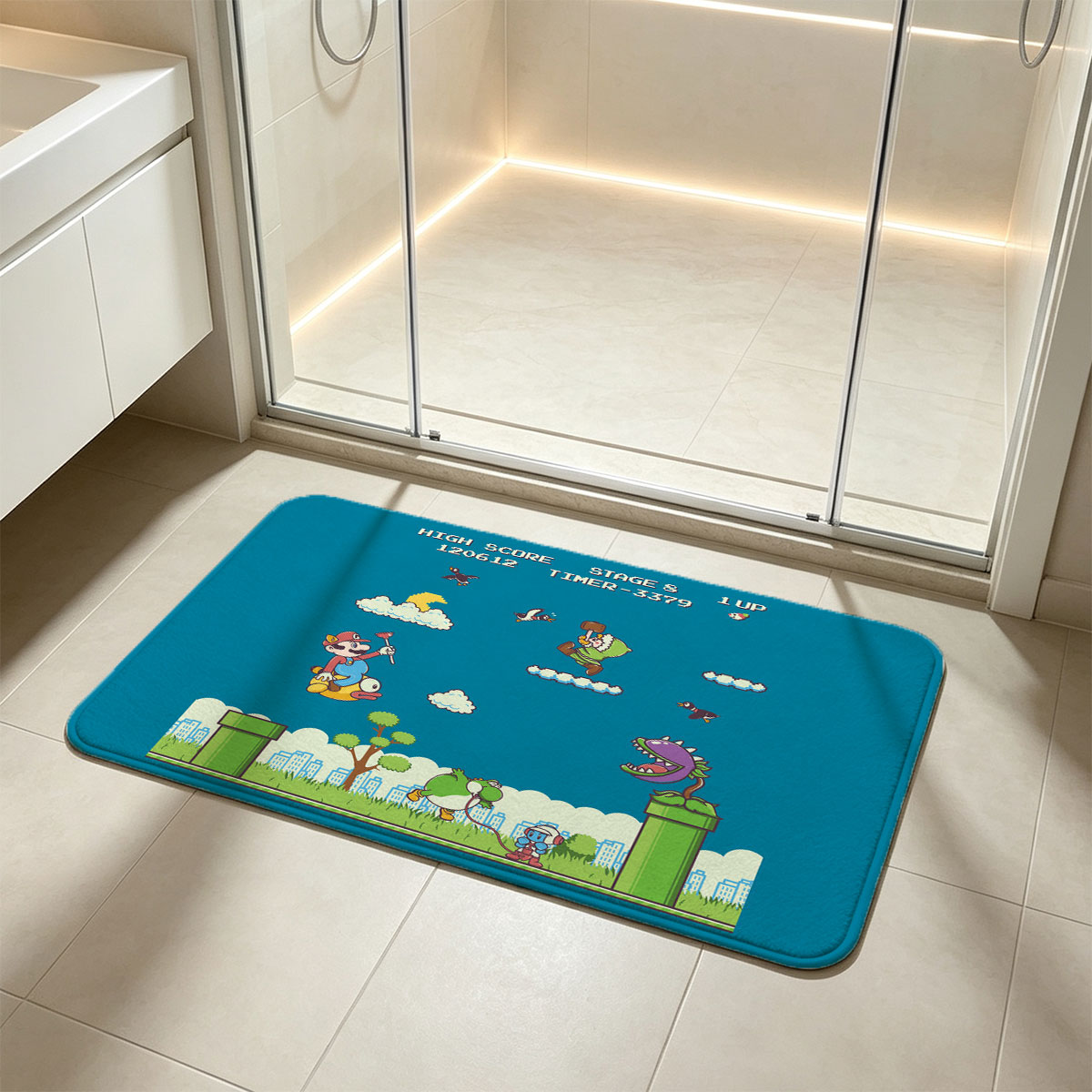 Mario, Yoshi, and Koopa in a vibrant platformer scene with high score and stage details - Flannel floor mat