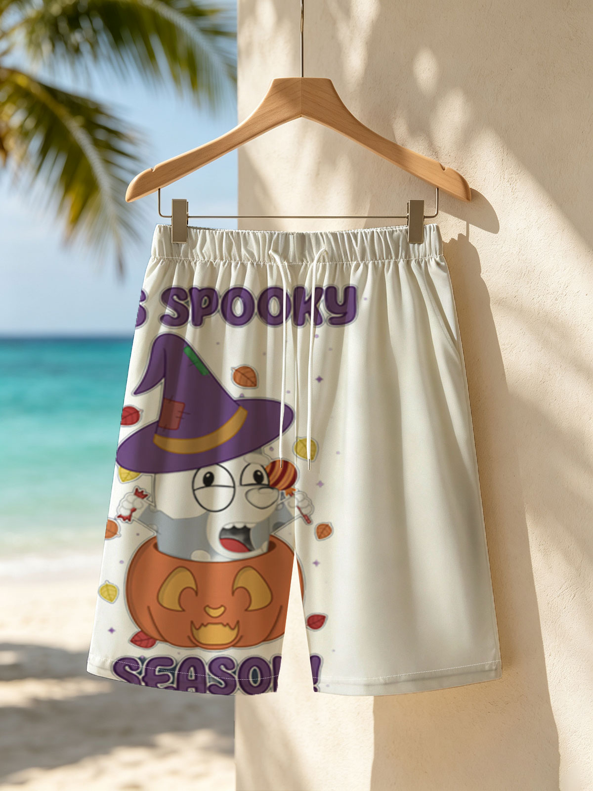 It's Spooky Season! Cartoon Dog in Witch Hat and Pumpkin -  Beach shorts