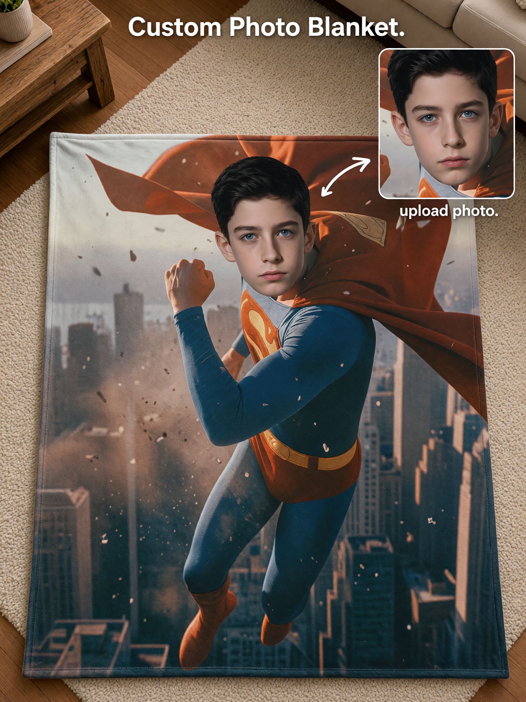 Custom Face Photo Superhero Flannel Fleece Throw Blanket Personalized Portrait Flying Hero Bedding Wrap Ultra Soft Warm