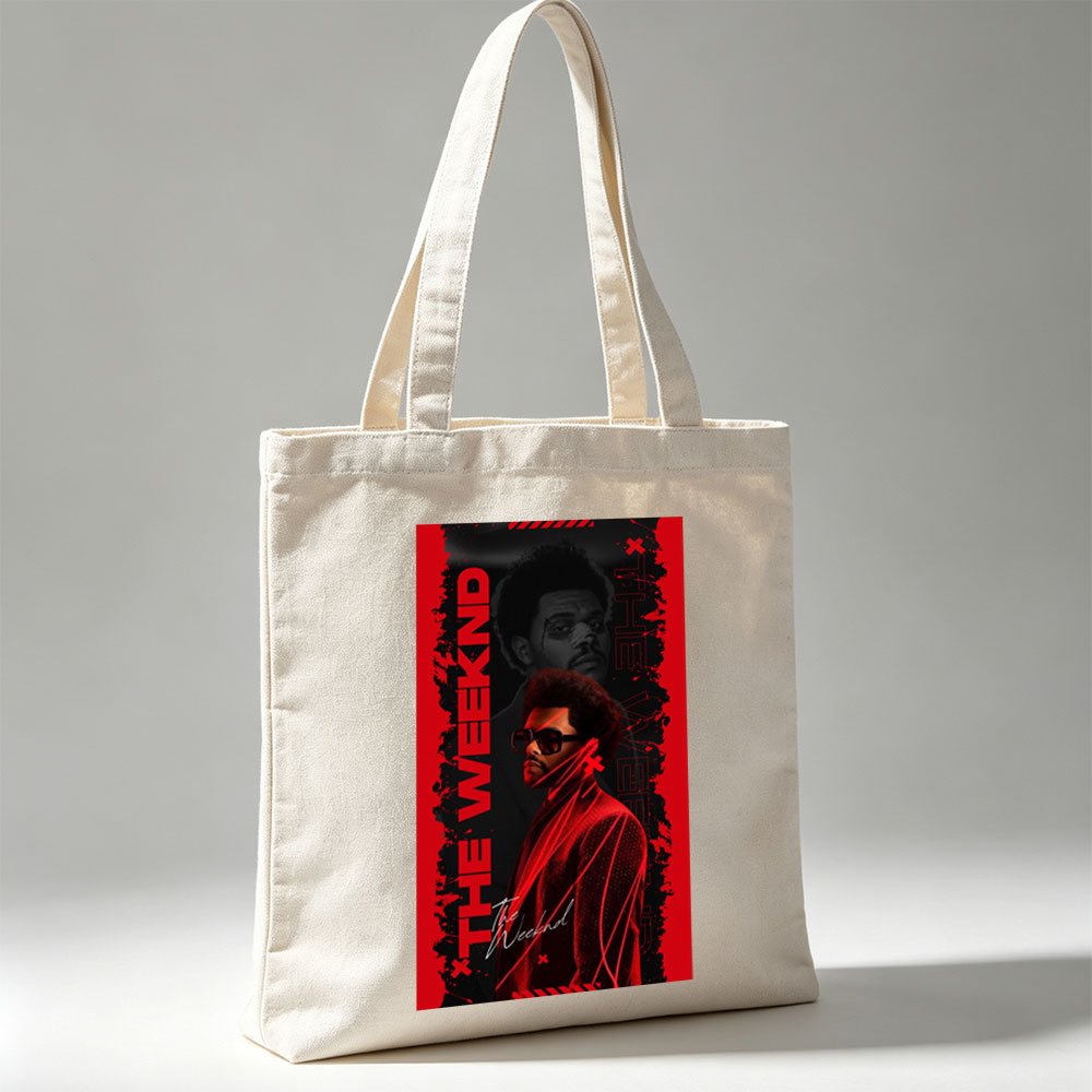 The Weeknd Dark Red Aesthetic Portrait with Bold Typography and Dramatic Lighting - Canvas tote bags