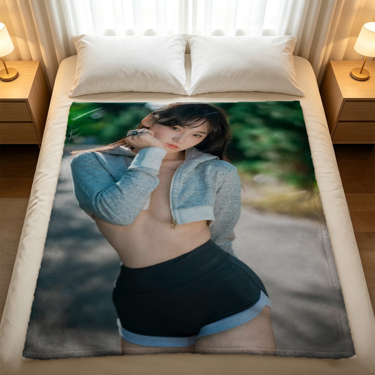 A woman in black lace lingerie posing seductively on a couch. - Blanket