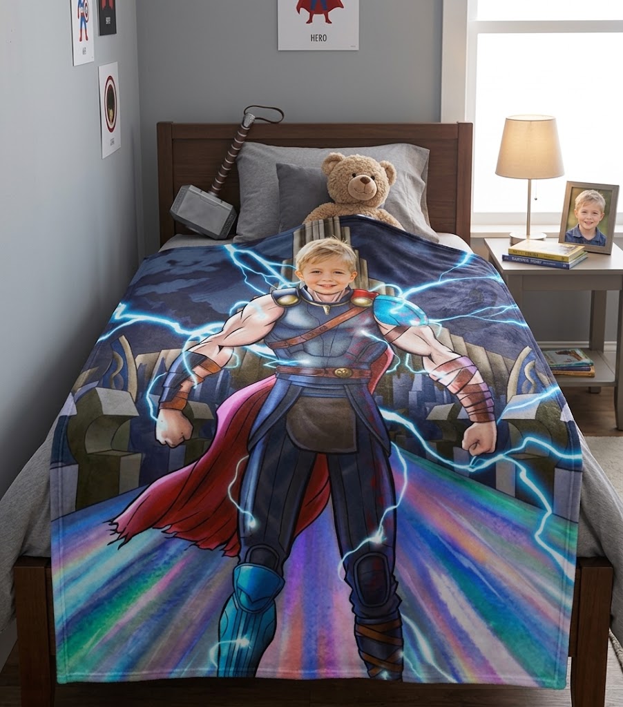 tMarvel Thor Custom Photo Blanket, Personalized Upload Kid Portrait Rainbow Bridge Asgard Fleece Blanket for Bed Couch Kids Gift