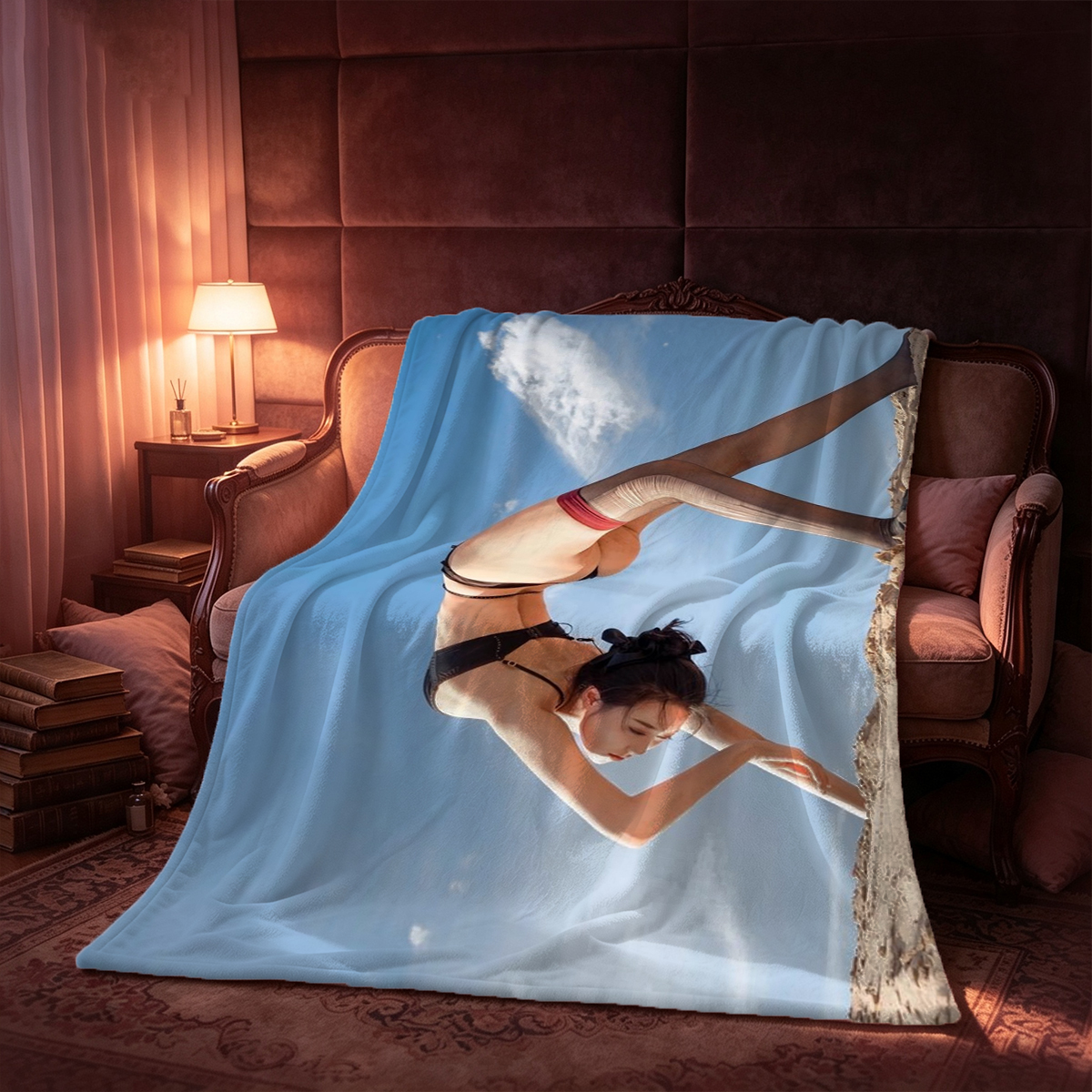 Redhead in white lace lingerie and stockings on bed - Blanket