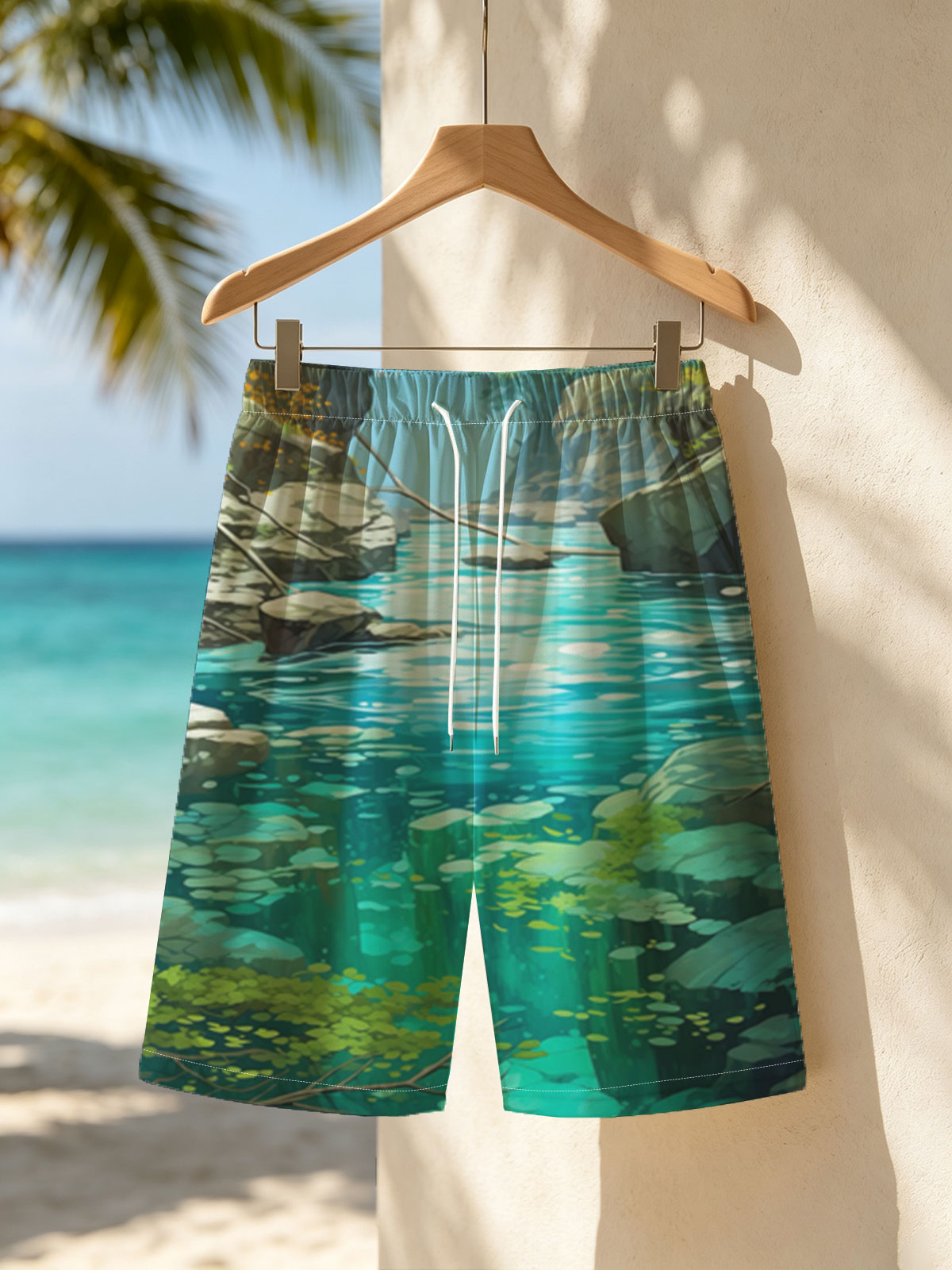 Crystal Clear Stream in a Lush Canyon -  Beach shorts