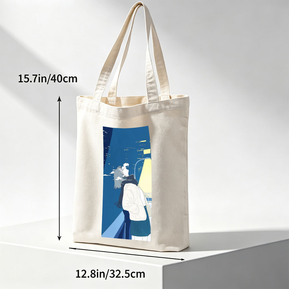 Anime Character in Winter Coat Breathing Steam Against City Night Sky - Canvas tote bags