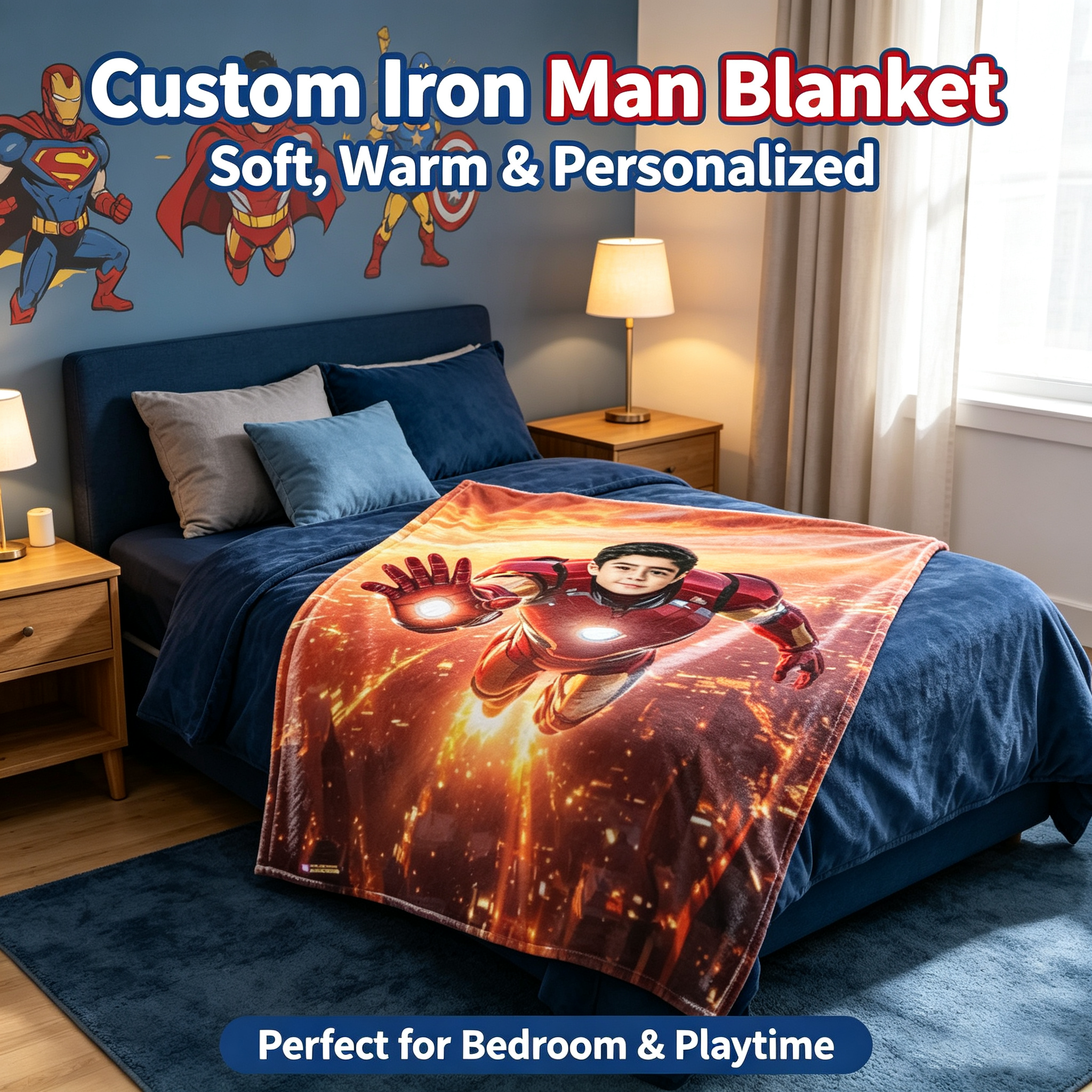 Custom Face Iron Man Flannel Throw Blanket, Personalized Superhero Blanket for Boys, Upload Your Photo Customized Kids Blanket, Unique Birthday Holiday Gift, Soft Warm Lightweight Blanket for Bedroom Play Tent Sofa Travel