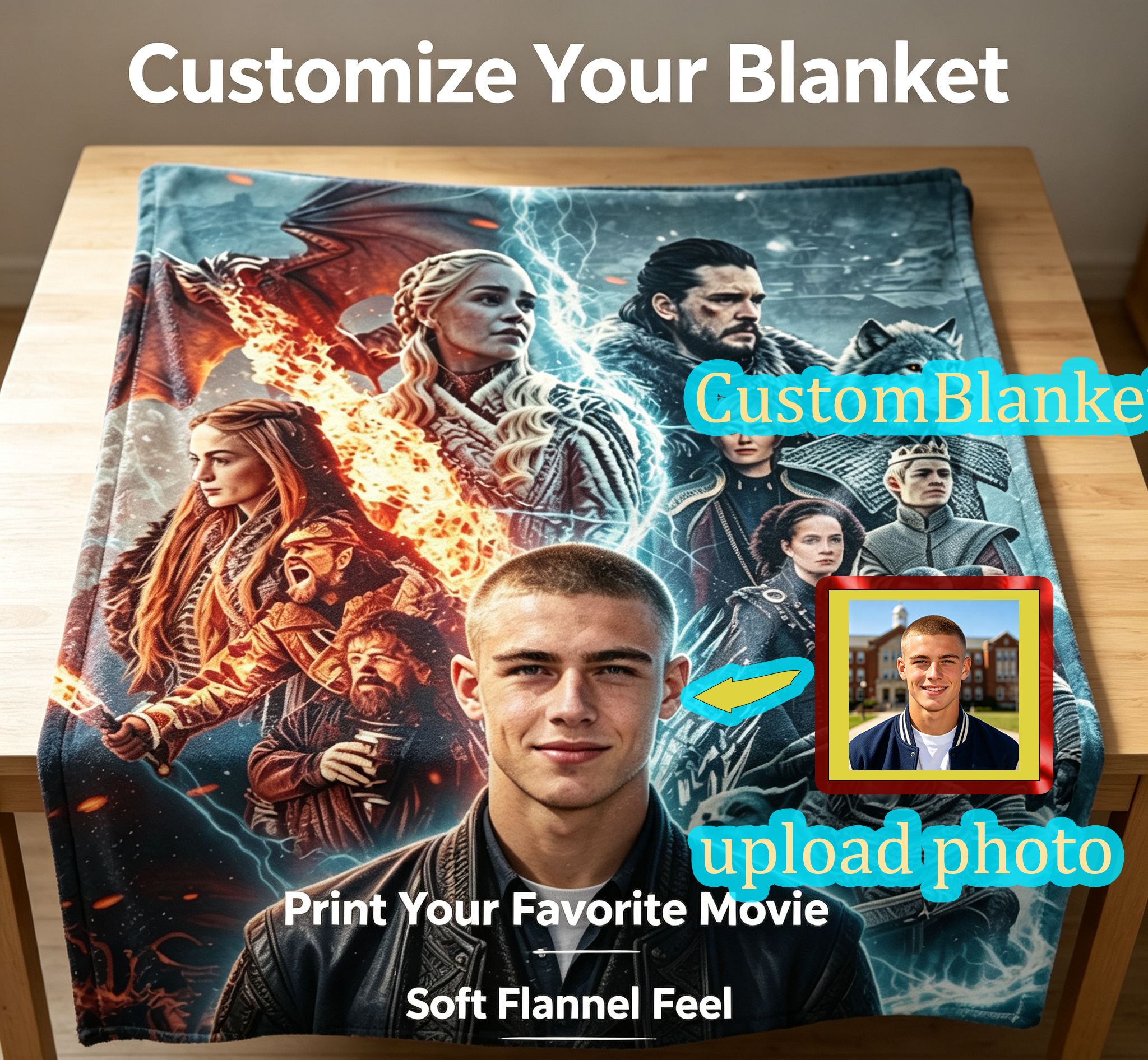 Custom Face Blanket Game of Thrones Characters Flannel Blanket Cozy Bedding Gift for Fans and Collectors