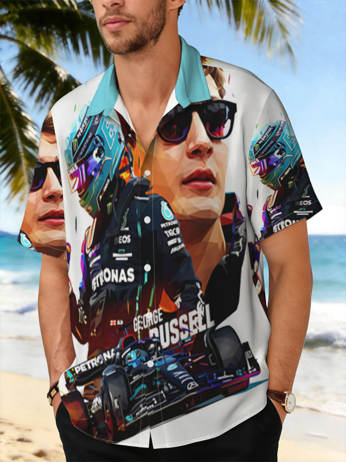 George Russell F1 Driver in Petronas Racing Gear with Formula 1 Car -  Shirt