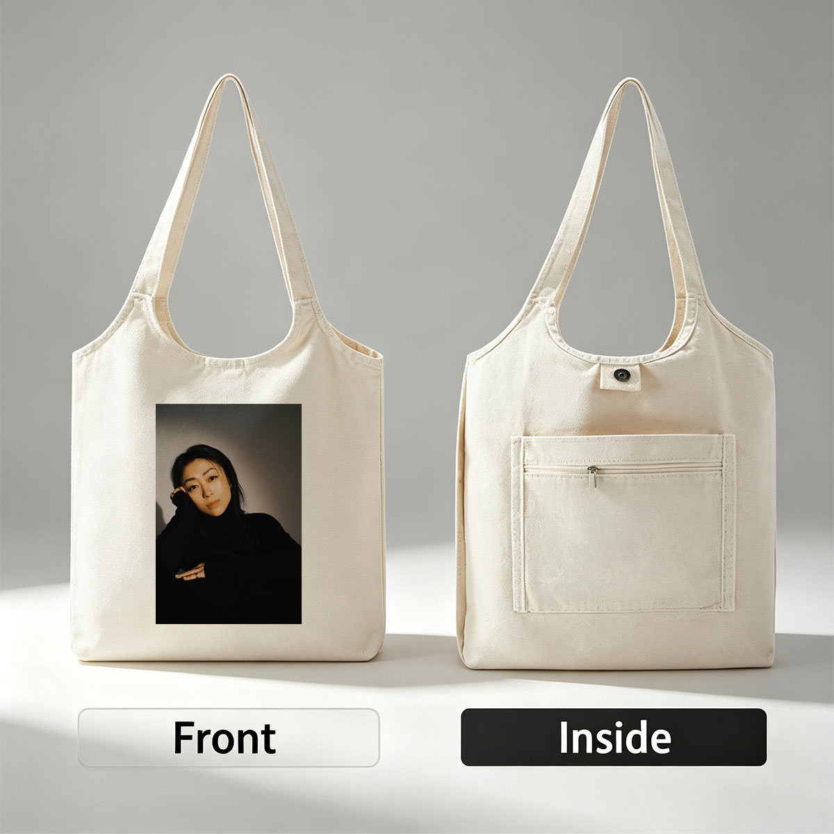 Yoko Kanno in a Moody Portrait Wearing Black Turtleneck with Dramatic Lighting - Canvas shoulder bags/