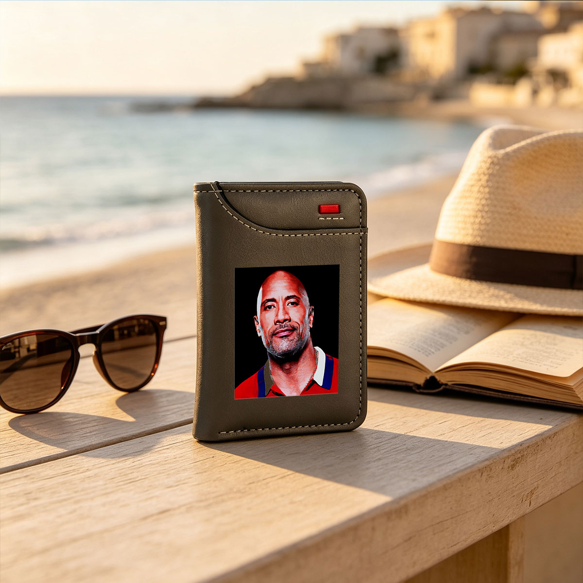 Dwayne Johnson in a Red Polo Shirt with Chain Necklace - Vertical Style Wallet