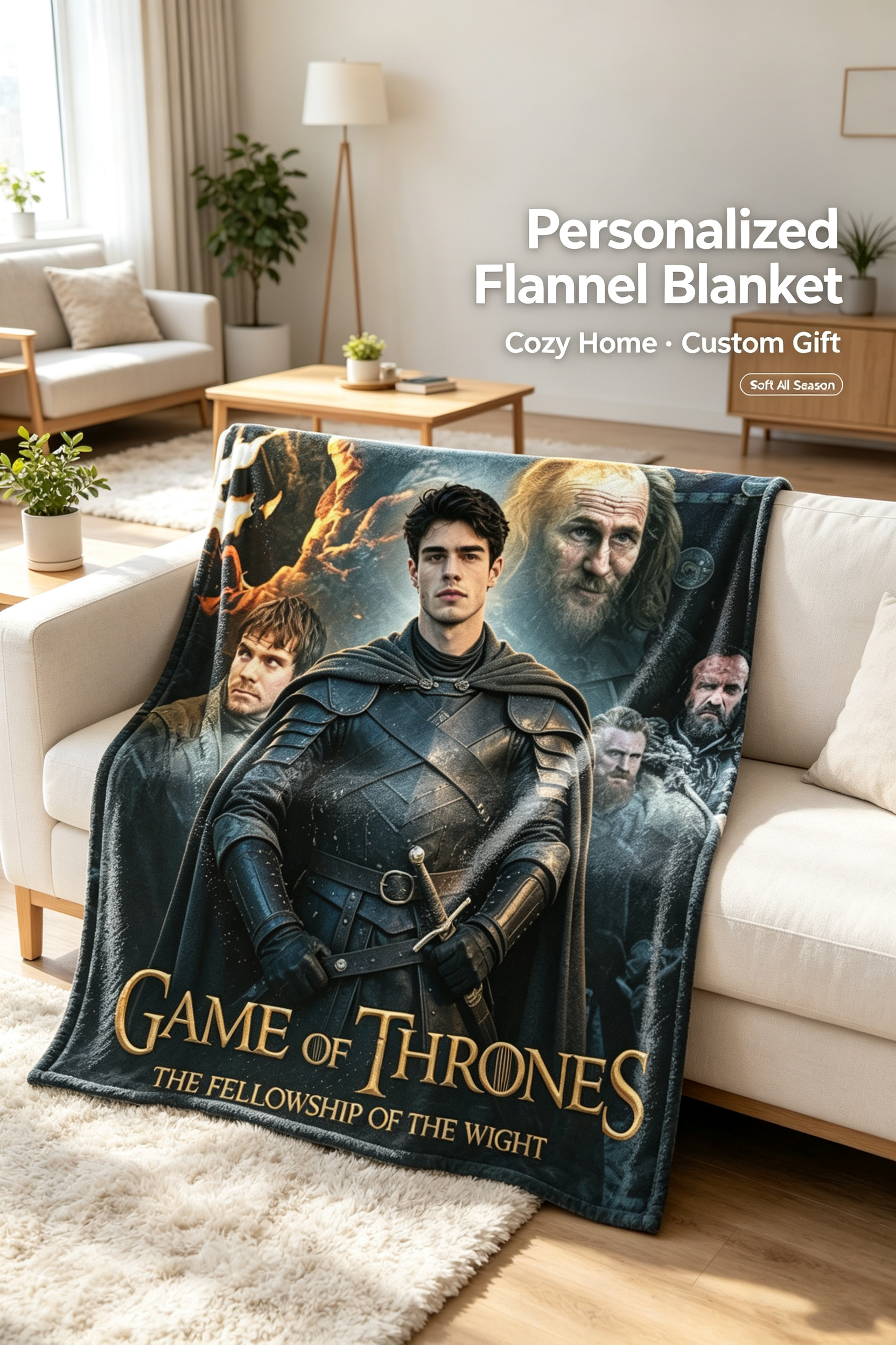 Custom Face Blanket Game of Thrones The Fellowship of the Wight Flannel Blanket for Couch, Bed, or Travel Perfect Gift for Fans and Collectors