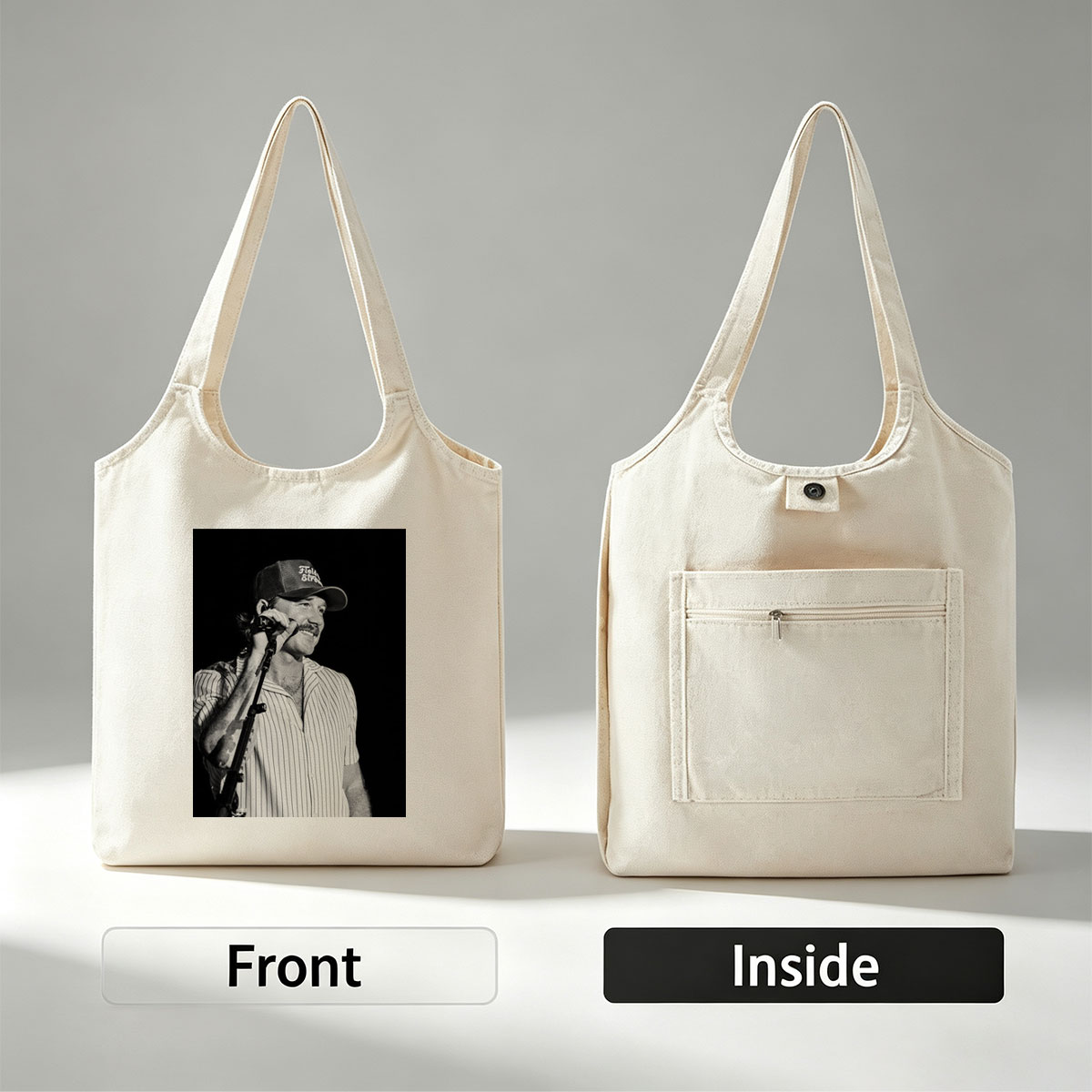 Ronnie Milsap Performing on Stage with Microphone in Black and White Photo - Canvas shoulder bags/