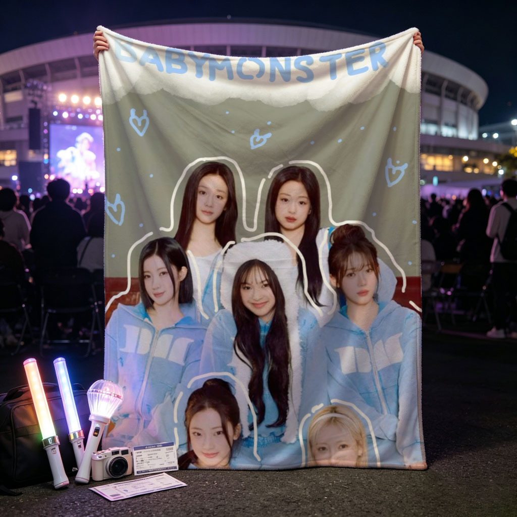 BABYMONSTER Group Photo in Matching Blue Hoodies with Cloud and Heart Design Background - Blankets